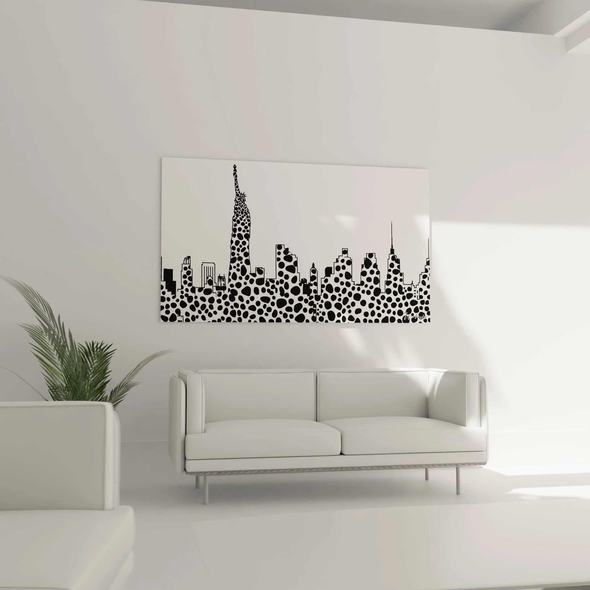 Speckled black and white artwork depicting New York City skyline with accentuated dots