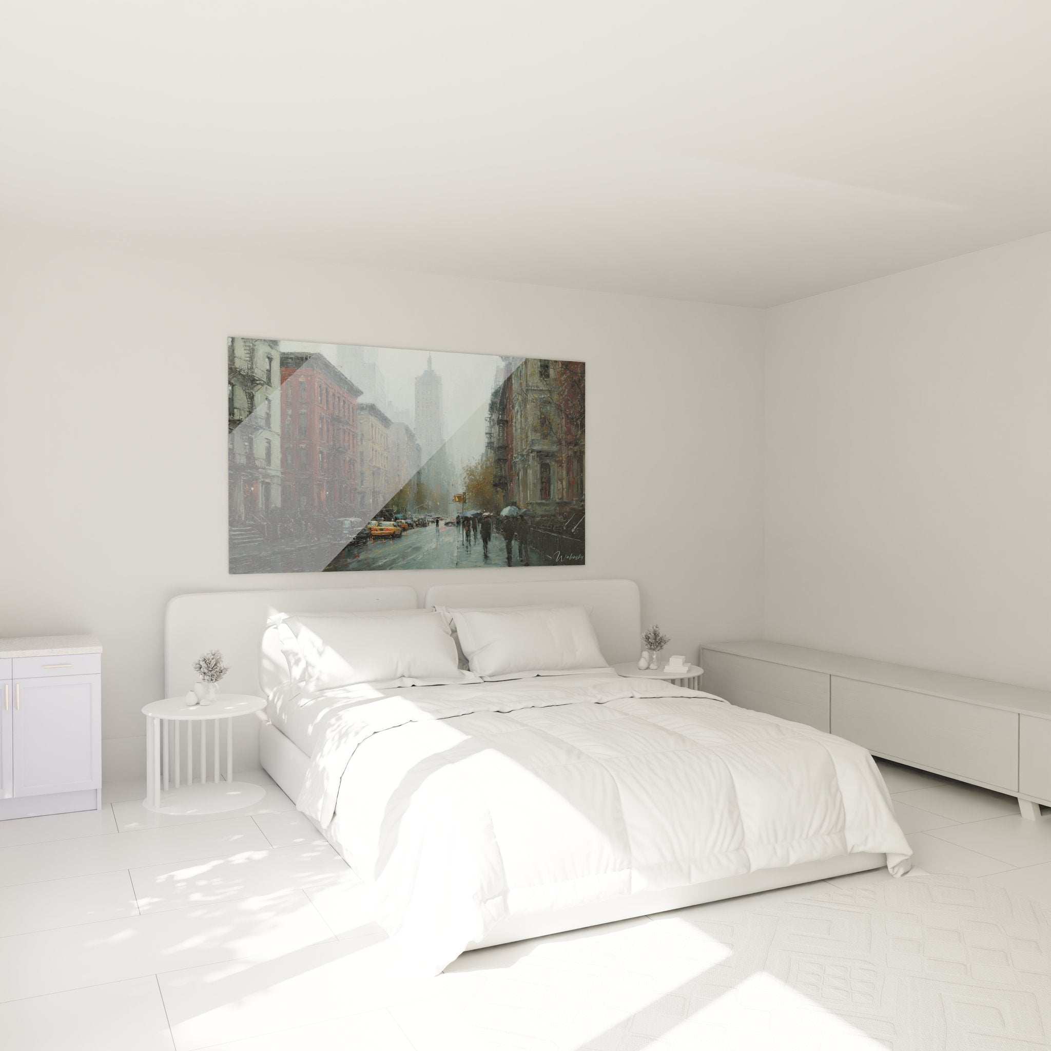Décoration chambre avec tableau New York scène de rue sous la pluie ambiance urbaine élégante