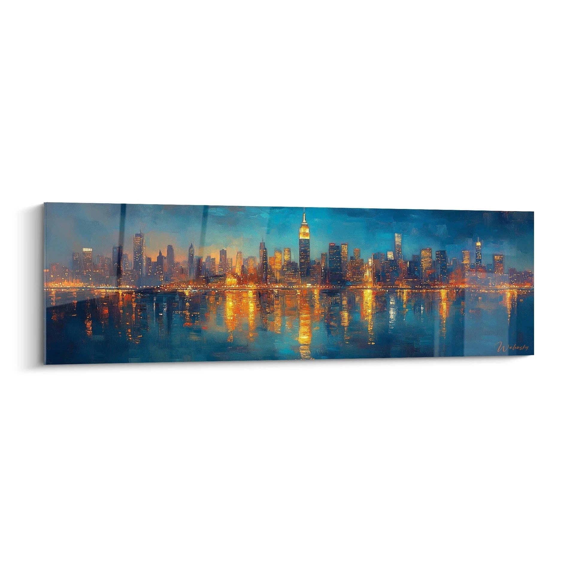 Tableau New York Walensky panoramique lumineux avec vue nocturne de la skyline et reflets sur l'eau