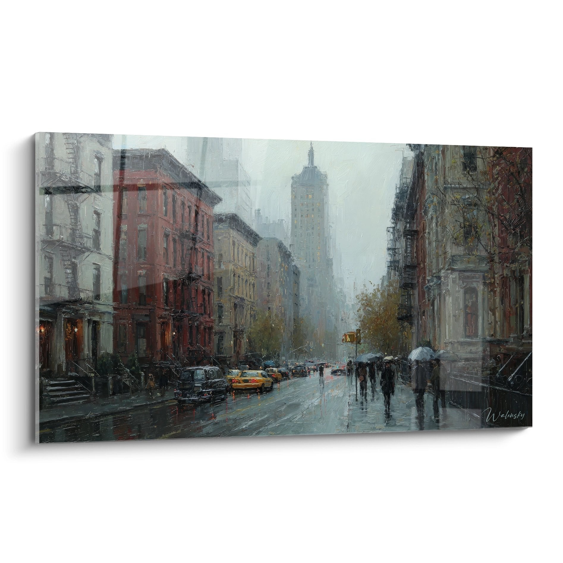 Tableau mural New York rue pluvieuse avec Empire State Building et brownstones typiques Manhattan