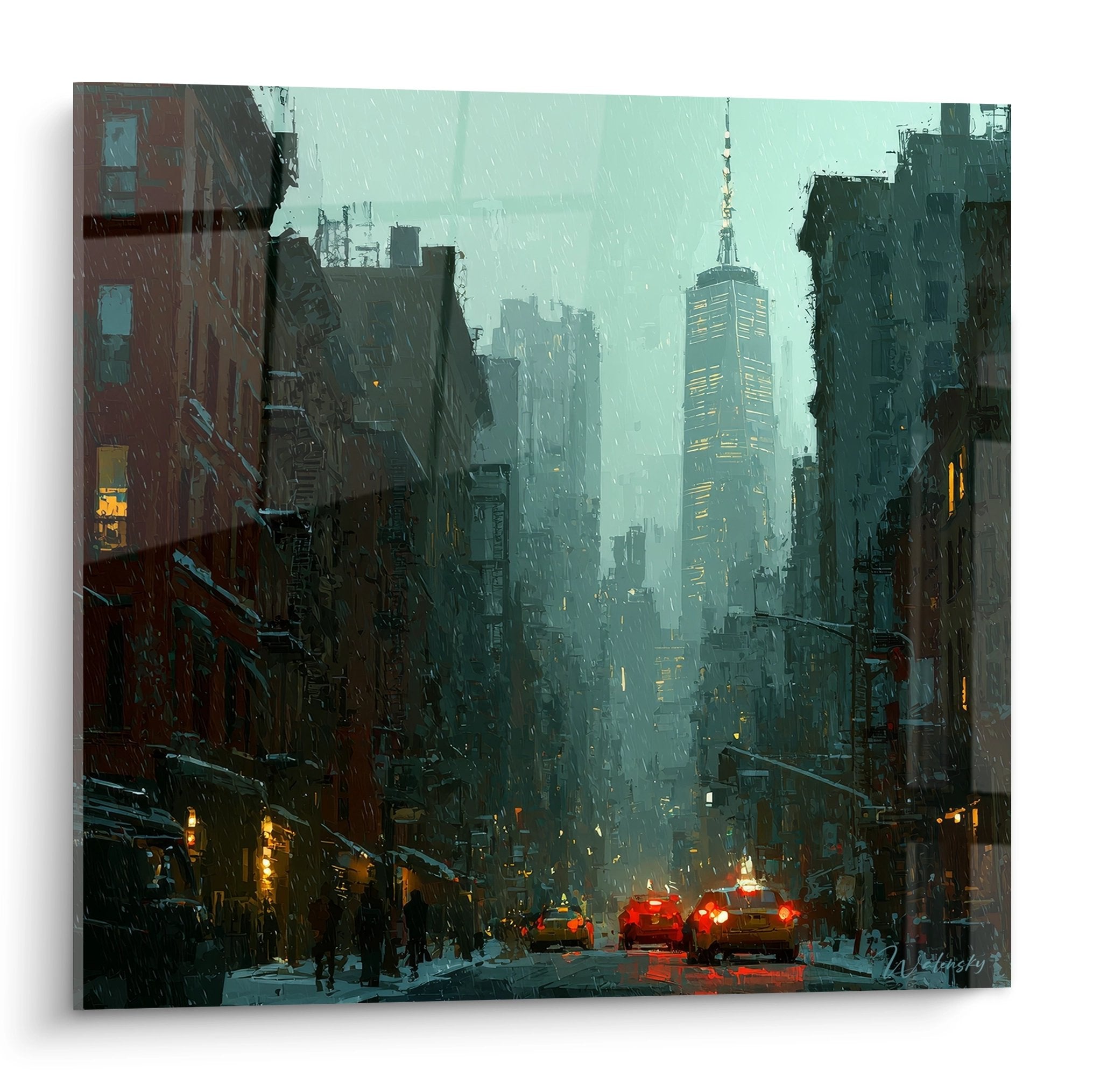 Tableau mural New York rue sous la pluie nocturne avec gratte-ciels illuminés et circulation urbaine