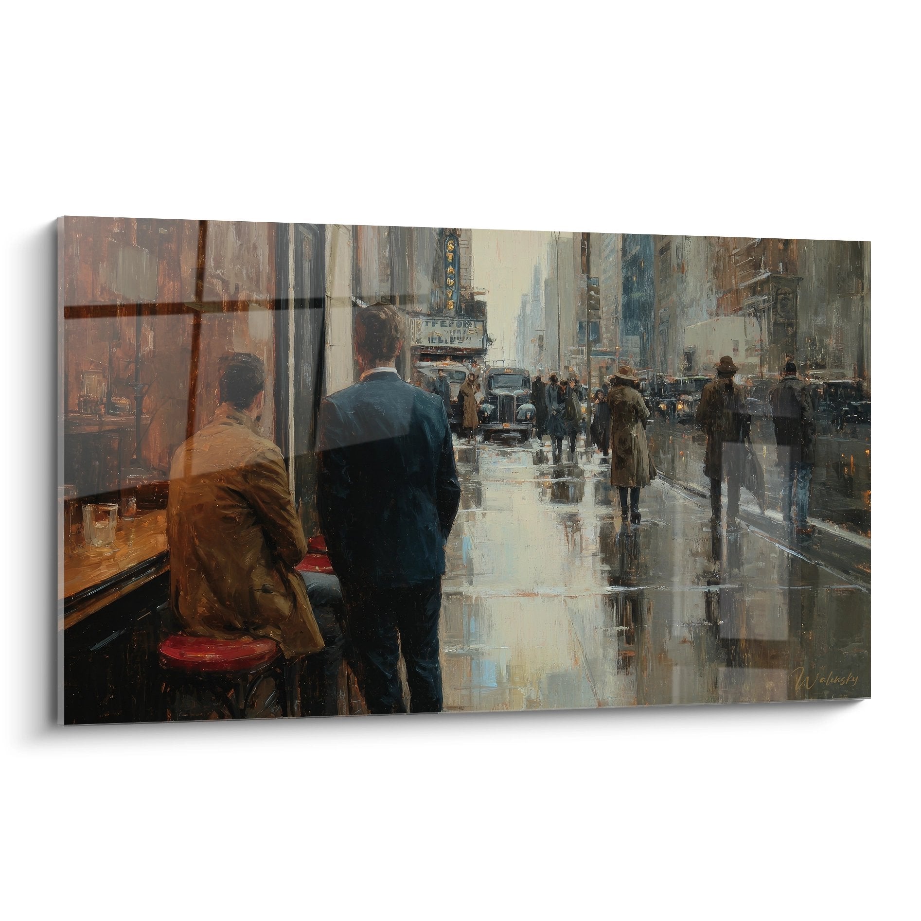 Tableau mural New York scène de rue sous la pluie avec reflets urbains et personnages en intérieur