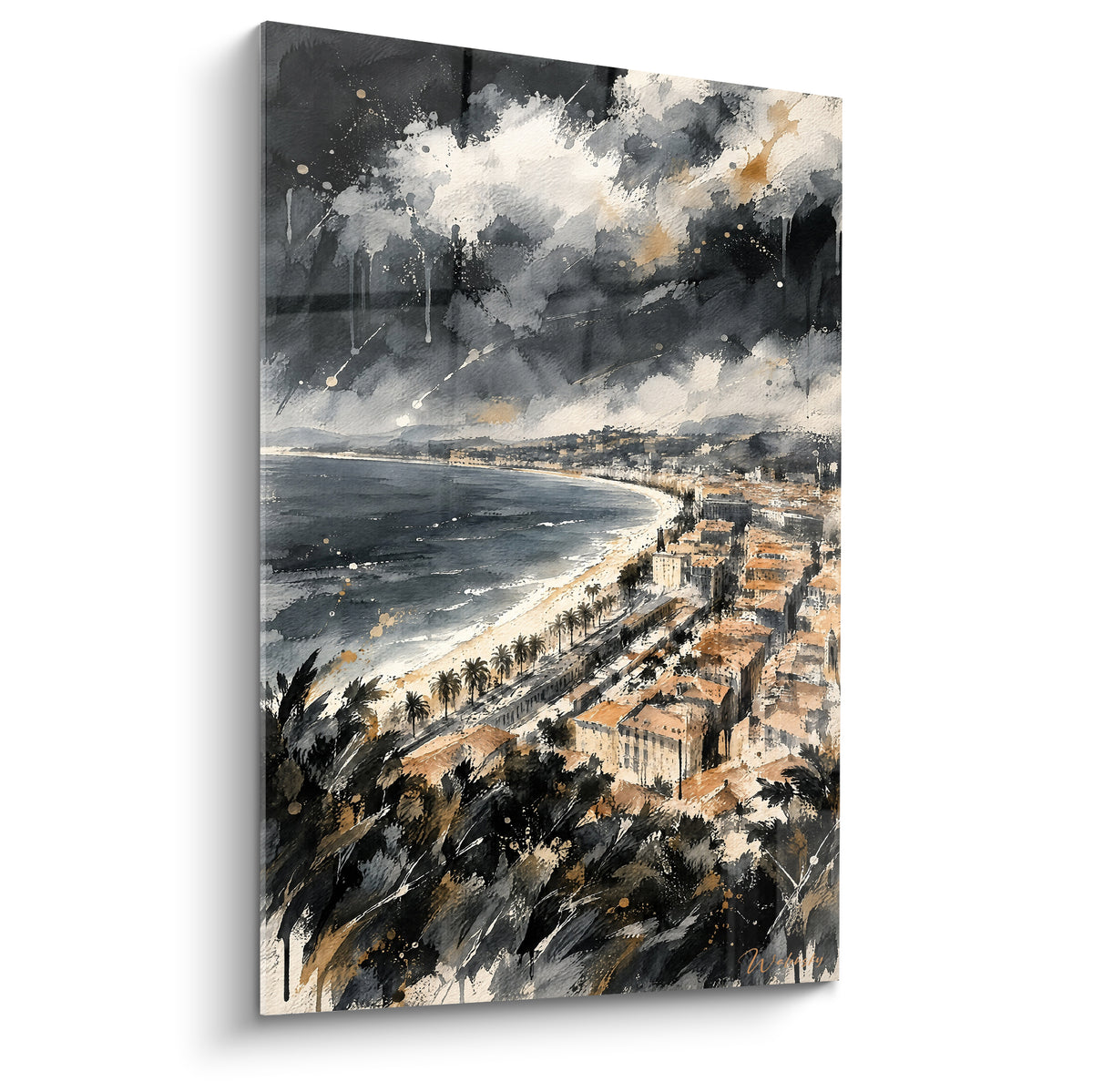 Quadro baia di Nizza vista dall'alto ad acquerello, sfumature antracite, ocra e beige, nuvole tormentate