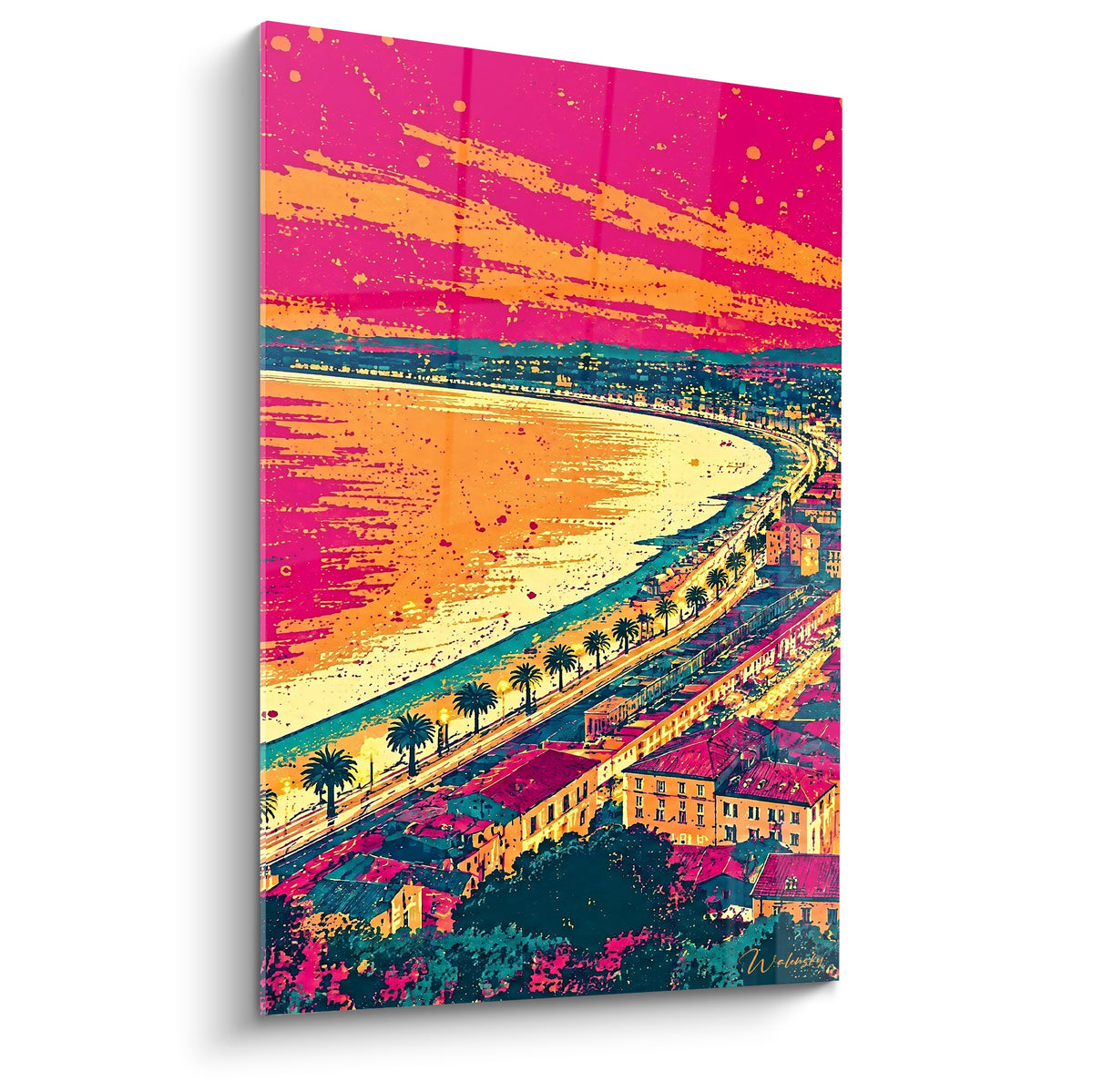 Baie de Nice en fuchsia et orange, palmiers sombres bordant la promenade au coucher du soleil