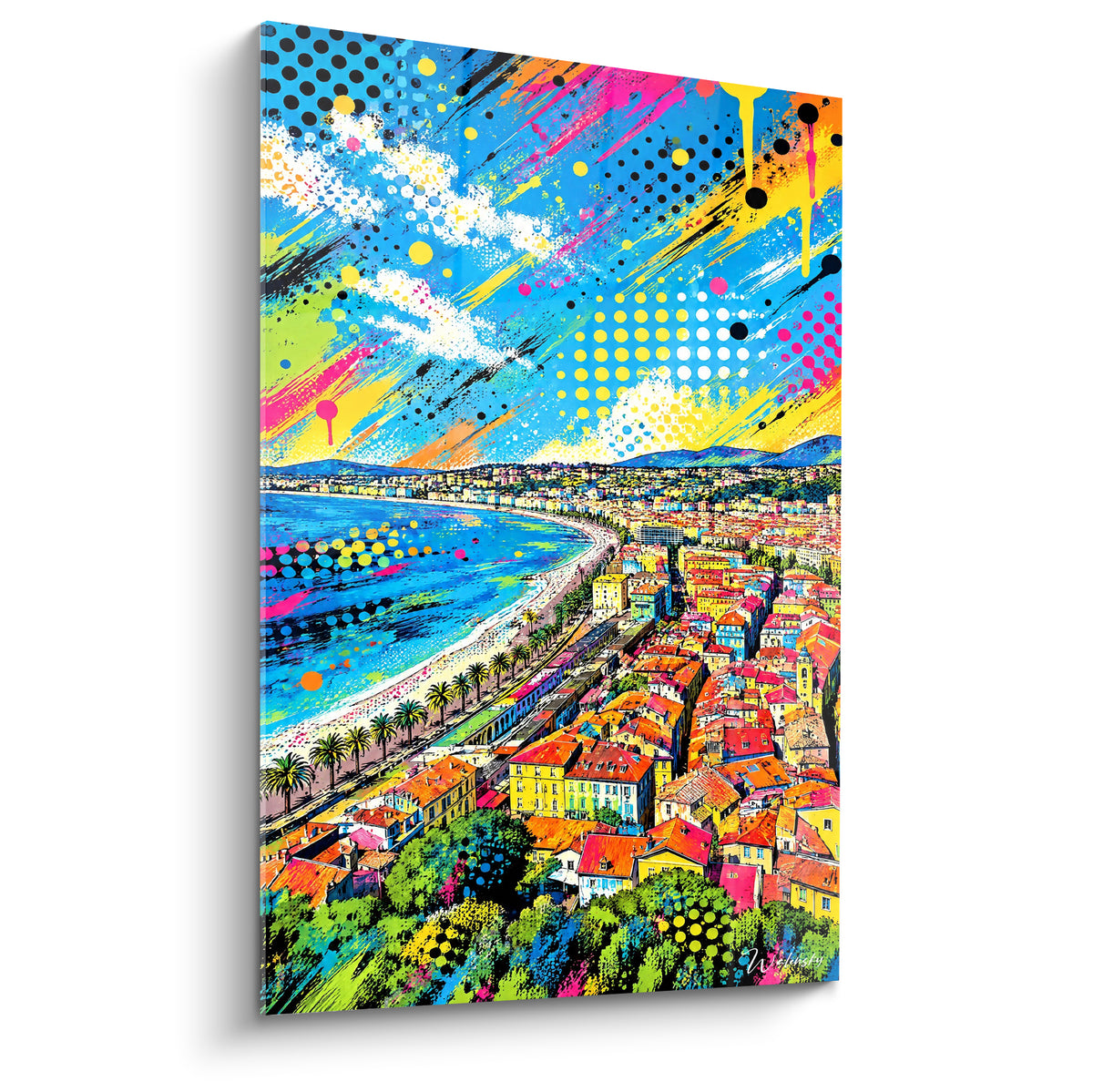 Wall art Bay of Nice in pop art style, orange rooftops and electric blue sky splashed with yellow and pink