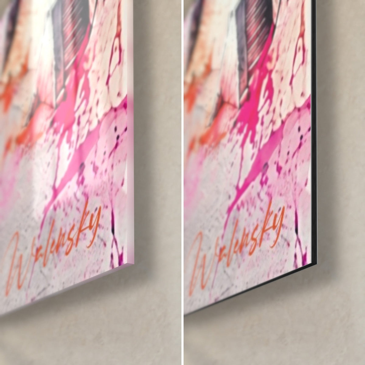 Wall art Bay of Nice, bottom right corner: fuchsia and orange splashes, reflective glossy glass, matte black Dibond, 3 mm edge