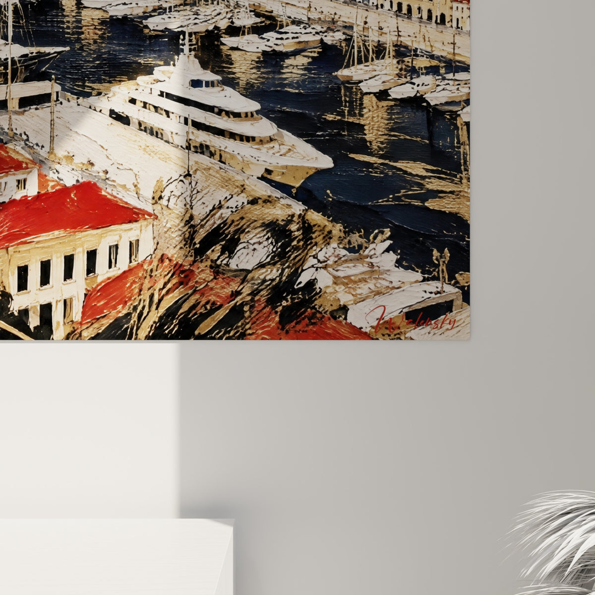 Empâtements dorés et rouges du port niçois, coulures épaisses révélant le grain de la peinture et les reflets marins