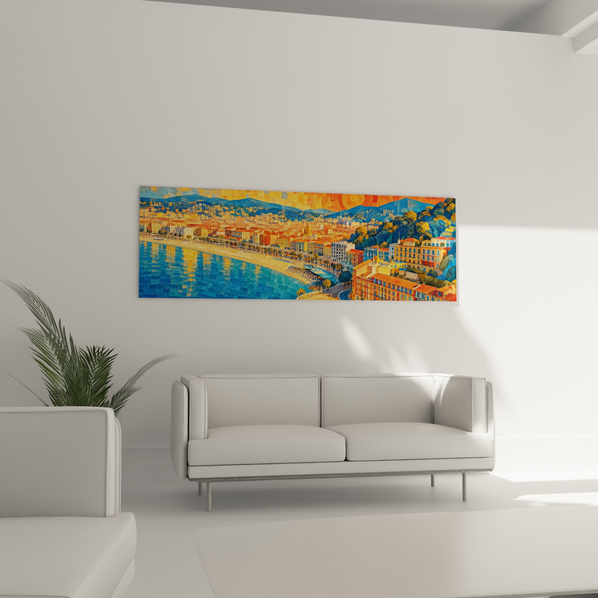 Façades colorées et mer turquoise de Nice au-dessus d'un canapé dans un salon lumineux