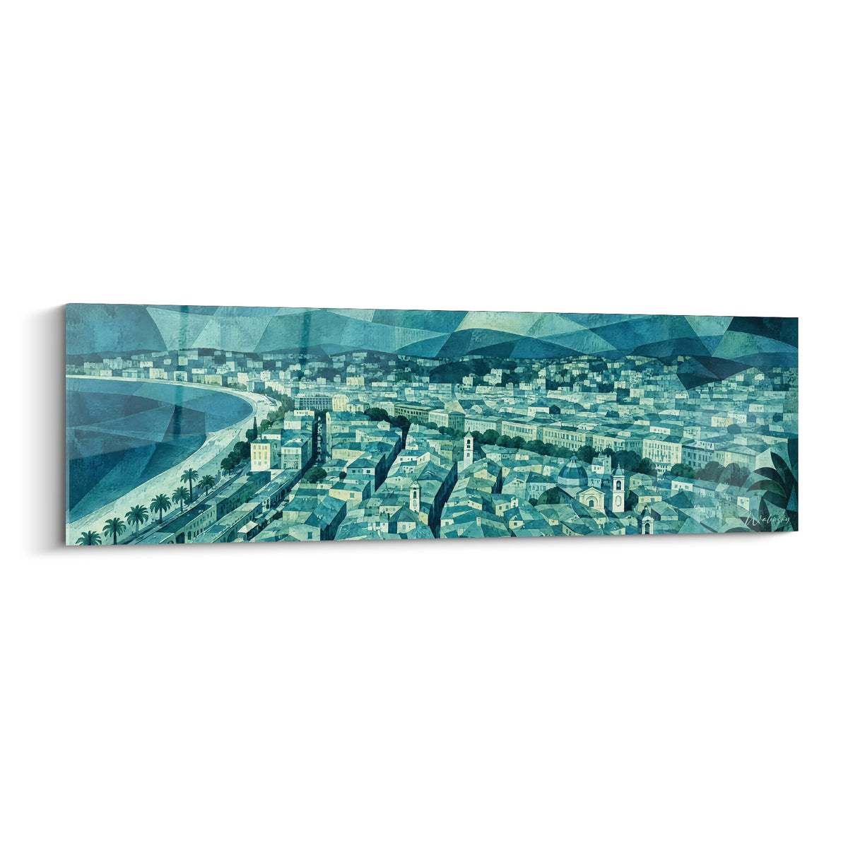 Quadro panorama urbano blu notte e turchese di una baia costiera con palme e tetti ocra