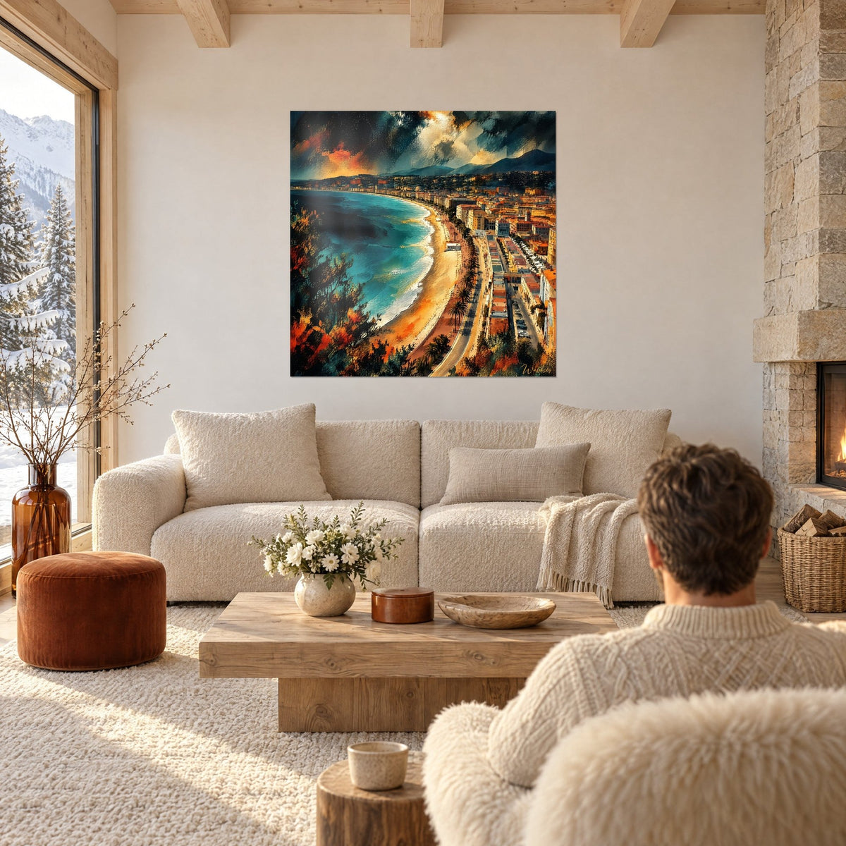 Wall art Nice bay in turquoise and ochre, curved beach under a stormy sky, above a sofa in a bright living room