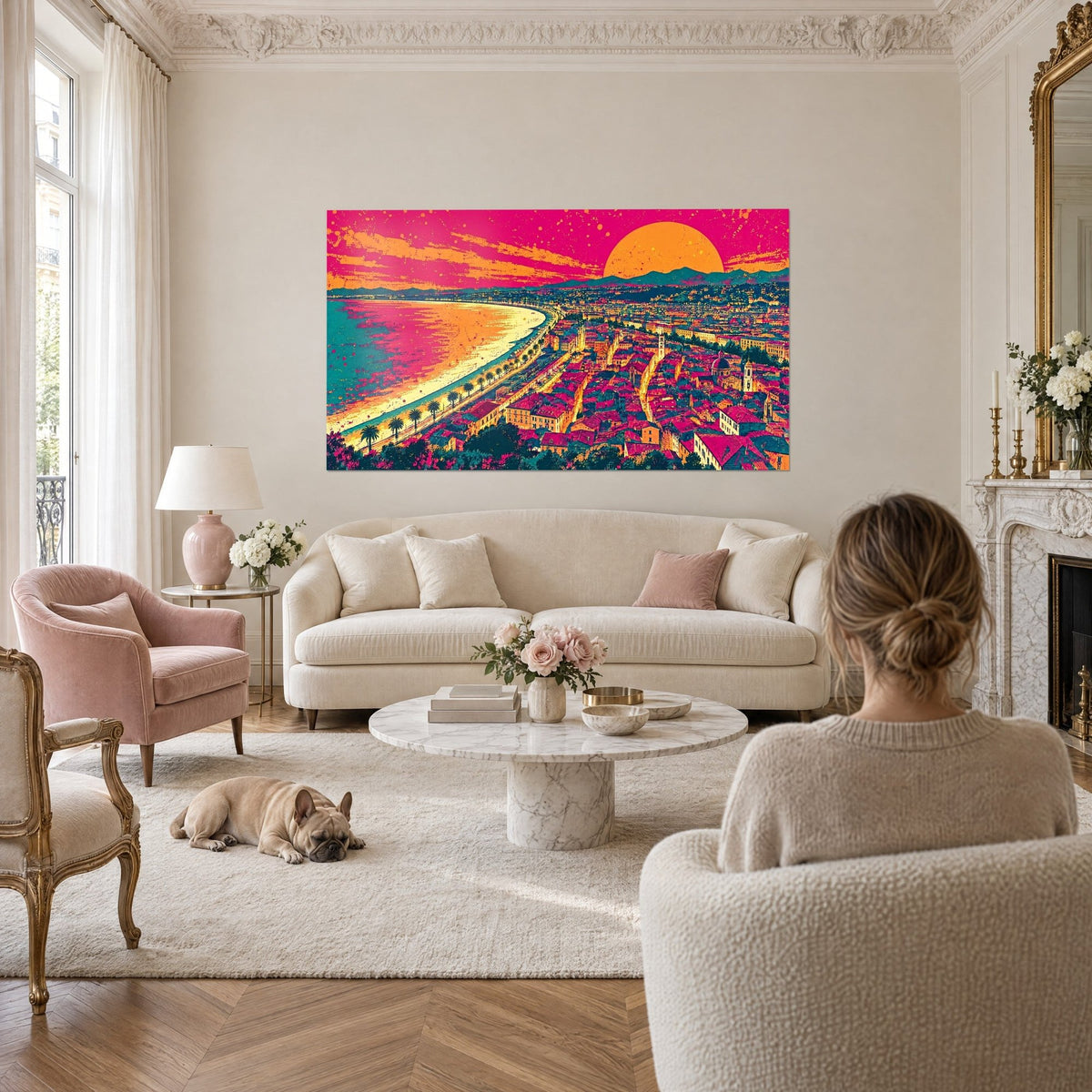Gemälde Sonnenstern in Orange vor magentafarbenem Himmel, geschwungenes Fenster und rosa Dächer, über einem Sofa in einem hellen Wohnzimmer