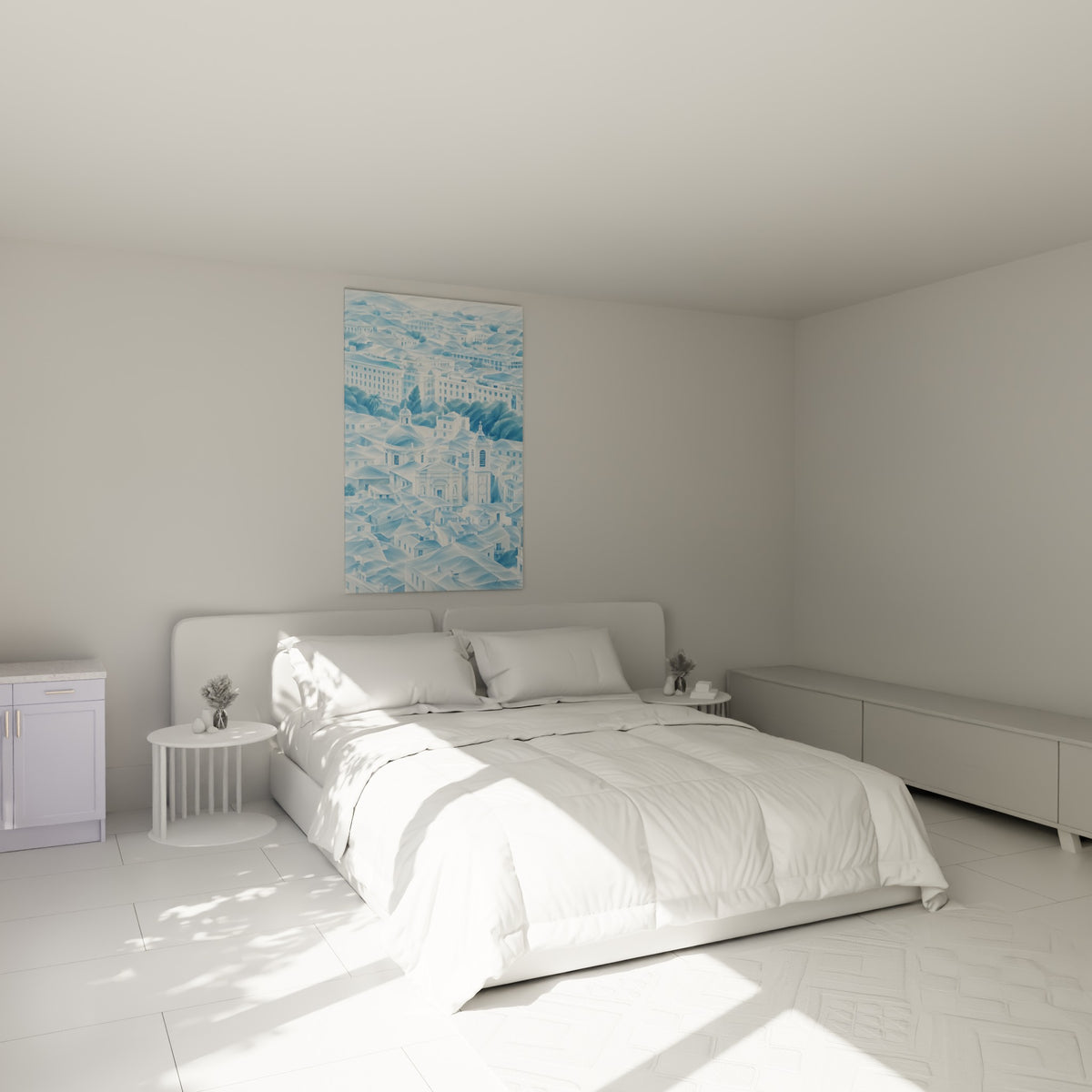 Toits niçois bleu pâle et clocher blanc surplombant une cathédrale, au-dessus d'un lit dans une chambre claire