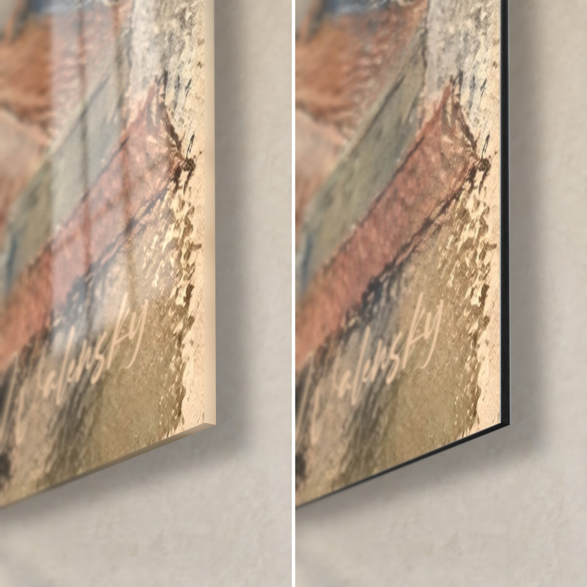 Schilderij terracotta daken van het Oude Nice, rechtsonder: glanzend acrylglas links, mat zwart Dibond aluminium rechts, rand van 3 mm
