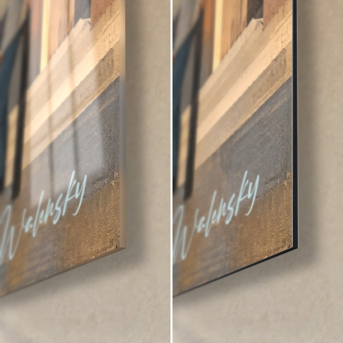 Wall art passers-by in an ochre and blue alley, bottom right corner, Walensky signature; glossy glass on the left, matte Dibond on the right