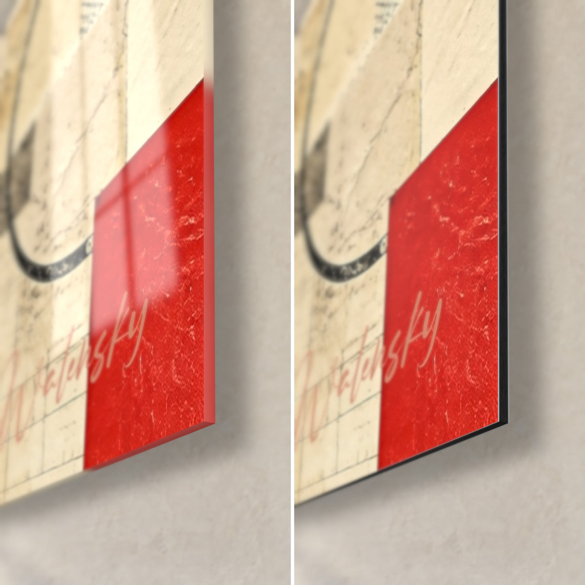 Schilderij palmbomen van Nice in collage, rechtsonder: felrode vlak op glanzend glas en mat Dibond, zwarte rand van 3 mm