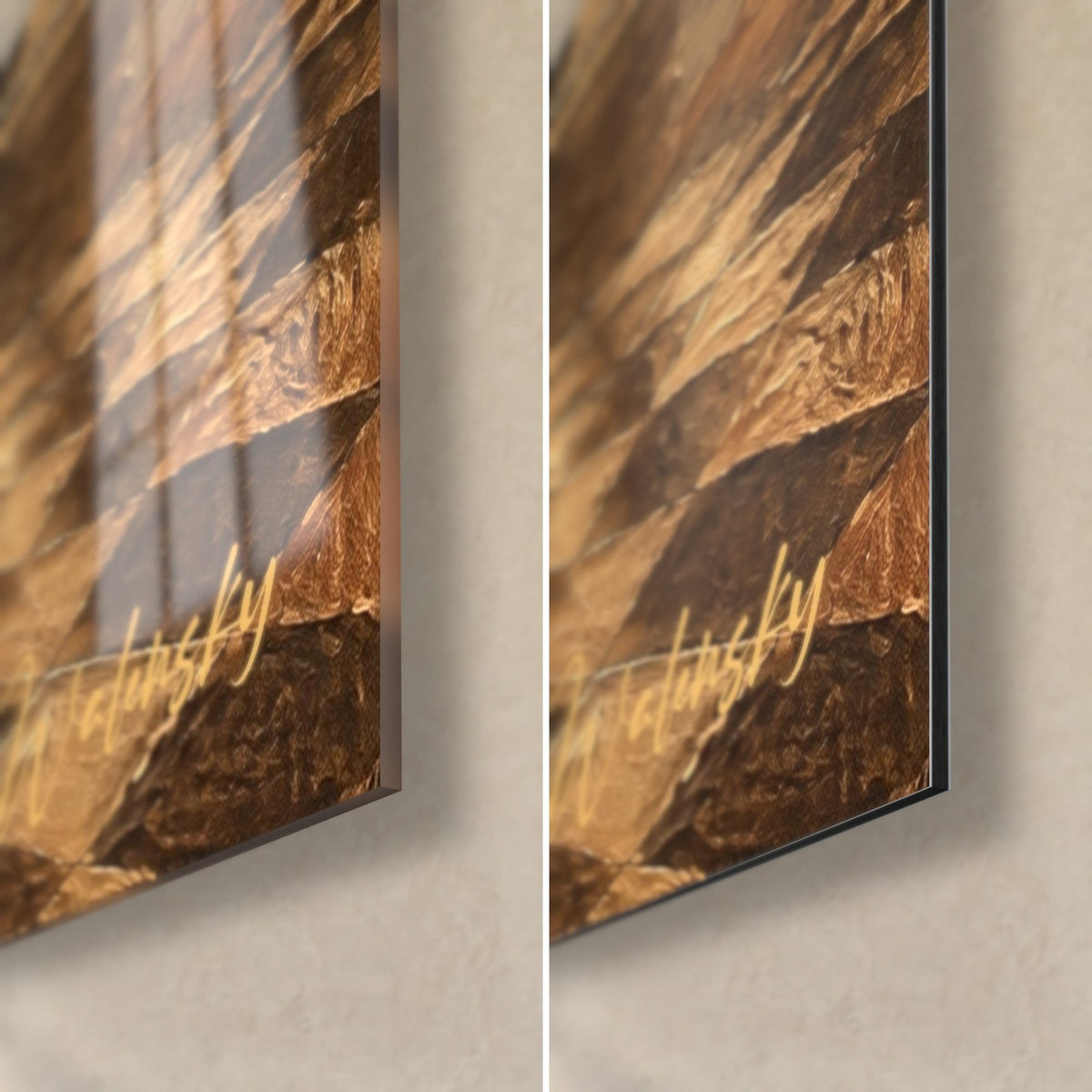 Cuadro plaza de Niza con reflejos cobrizos, esquina inferior derecha, cristal acrílico brillante a la izquierda, aluminio Dibond mate a la derecha, canto de 3 mm