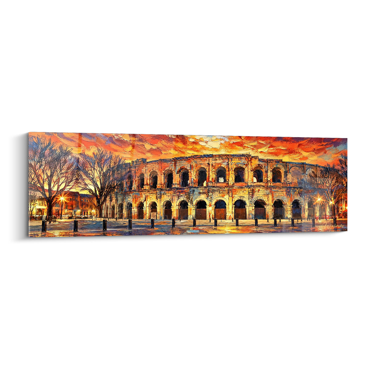 Amphithéâtre romain aux arcades ocre sous un ciel orange et bleu nuit flamboyant