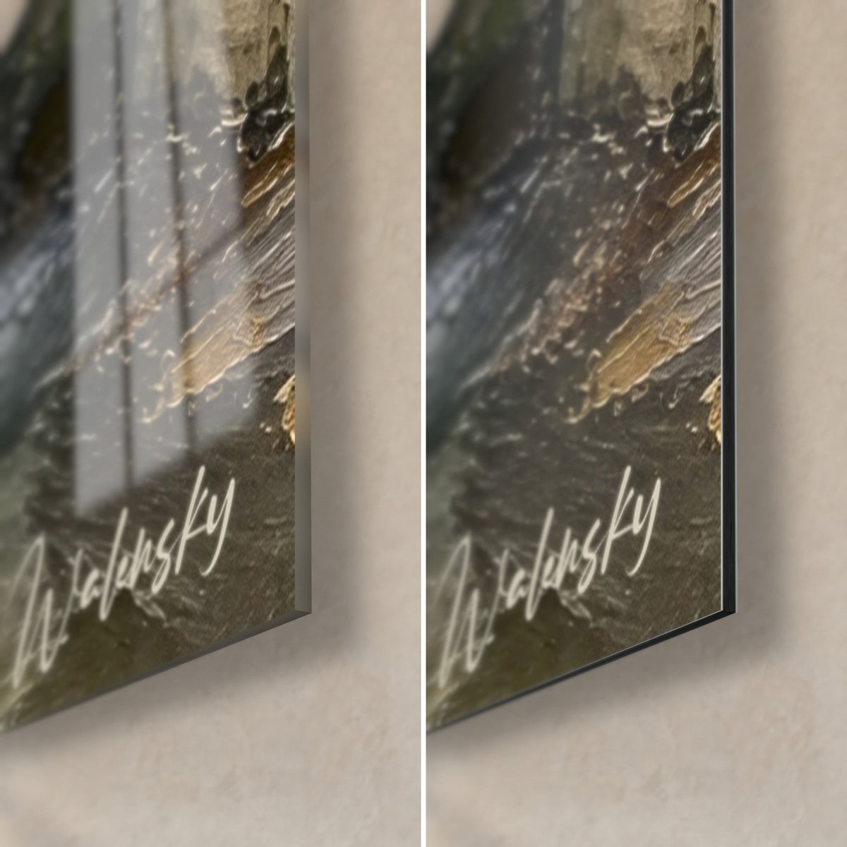 Wall art canal with waterfalls, bottom right corner: glossy acrylic glass with reflections on the left, matte Dibond aluminium on the right, Walensky signature, 3 mm thickness