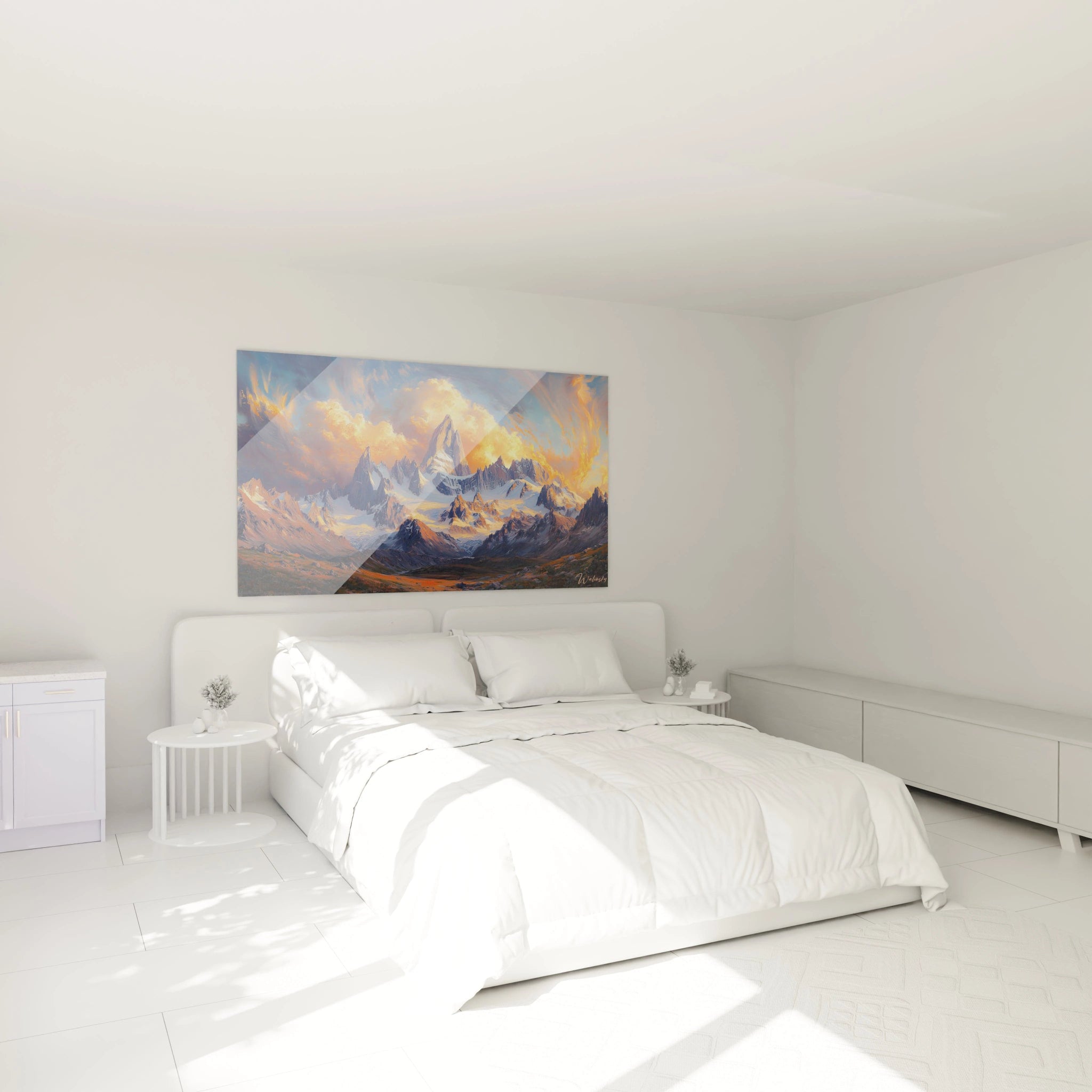 Tableau montagne représentant une chaîne montagneuse imposante aux arêtes acérées, mêlant des tons chauds orangés sur les crêtes éclairées et des bleus profonds dans les vallées, avec des effets de lumière rasante et des textures granuleuses.