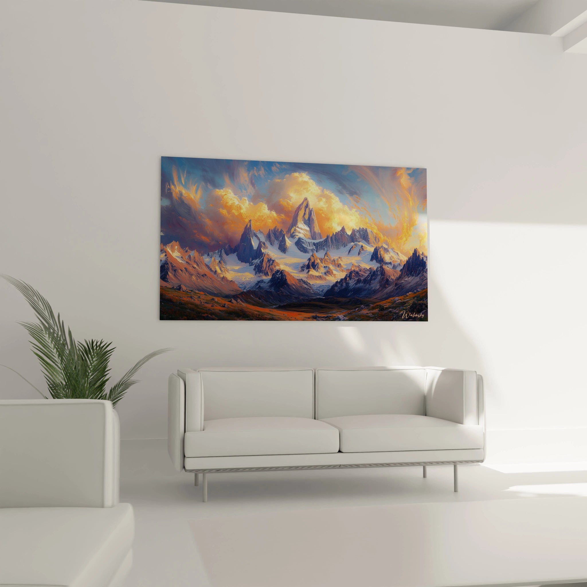 Tableau montagne capturant un paysage de haute altitude au crépuscule, dominé par des pics rocheux aux teintes bleues et violettes, illuminés par un soleil couchant orange vif, avec des glaciers blancs et des formations nuageuses dramatiques.