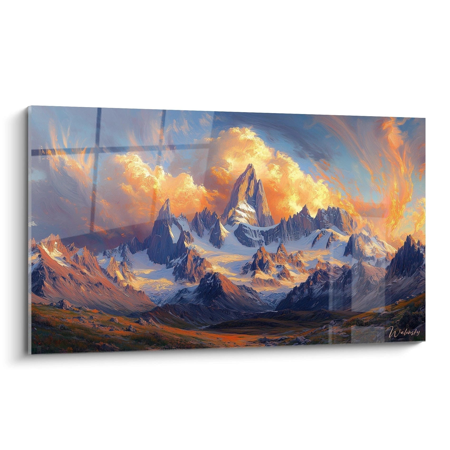 Tableau montagne présentant un massif alpin spectaculaire avec des sommets enneigés baignés dans une lumière dorée et orange, sur fond de ciel bleu intense avec des nuages lumineux et des textures rocheuses détaillées.