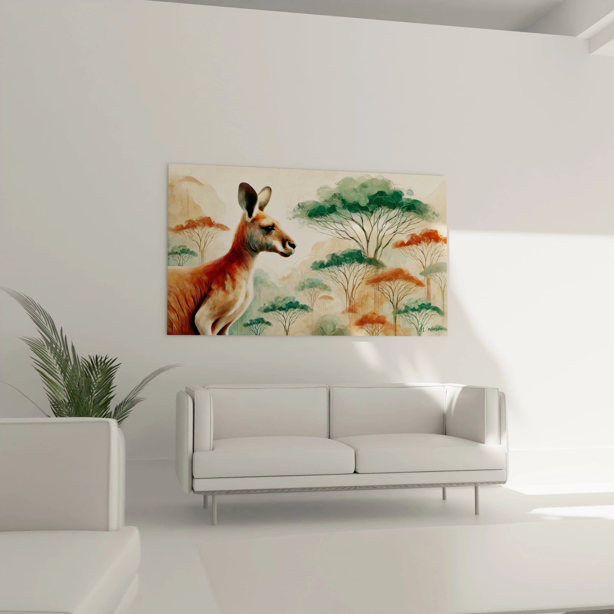 Ce tableau kangourou apporte une ambiance apaisante à votre salon, avec des couleurs terreuses et un paysage serein, il s’intègre facilement au-dessus du canapé pour une touche naturelle.