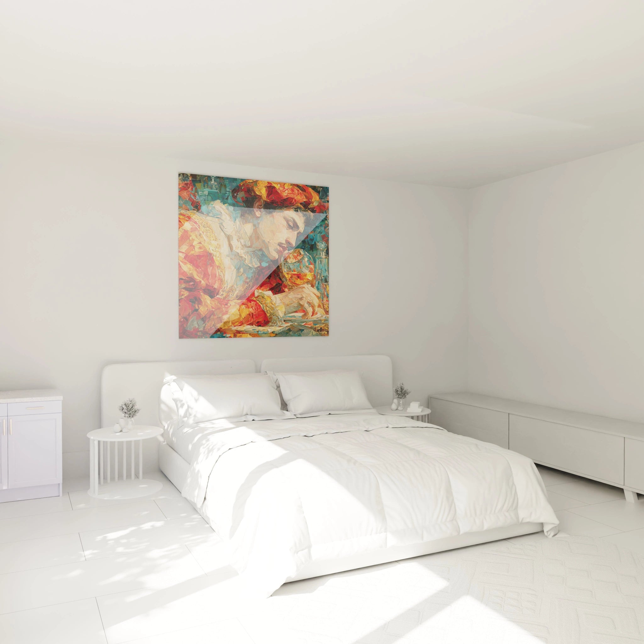 Tableau mural Walensky portrait renaissance coloré au dessus d un lit blanc minimaliste tableau renaissance noble seigneur