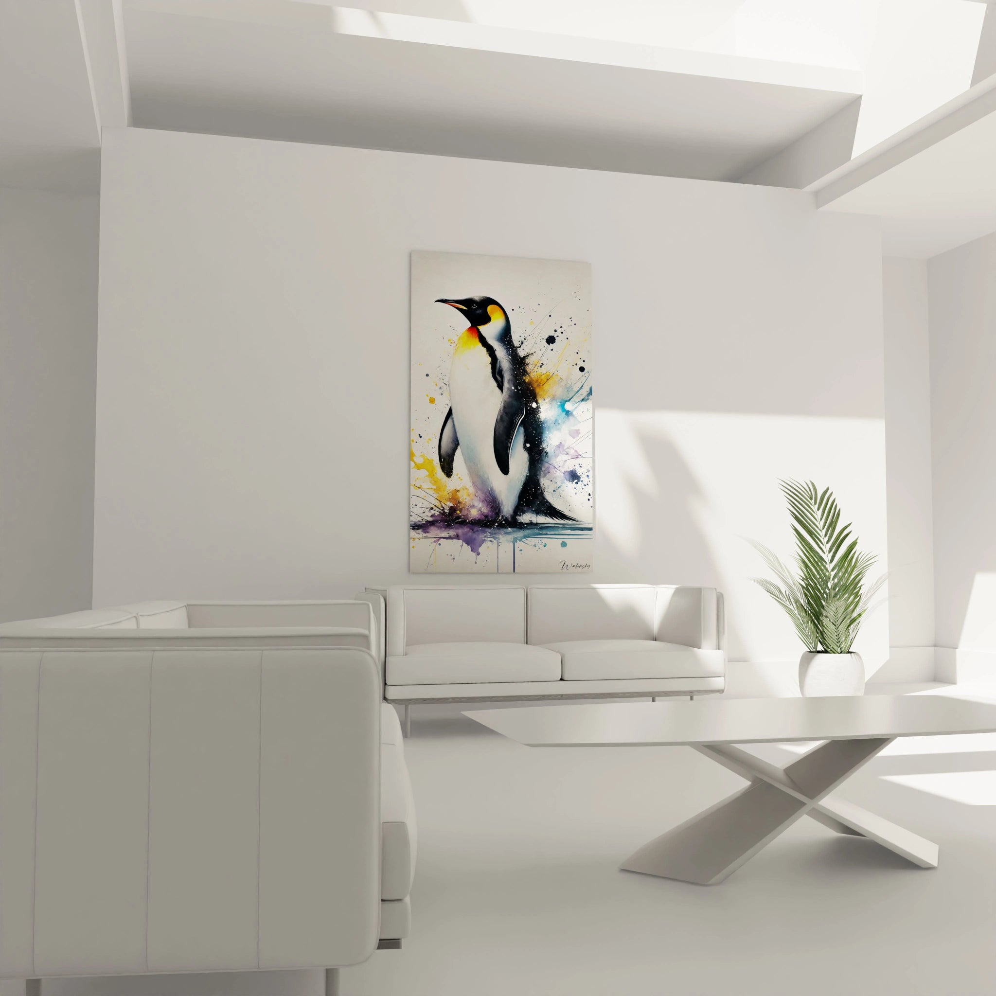 Ce tableau manchot au dessus du canapé dans un salon apporte une explosion de couleurs vives. Le jaune, violet et bleu representent l'essence de la nature dans toute sa force et sa beauté.