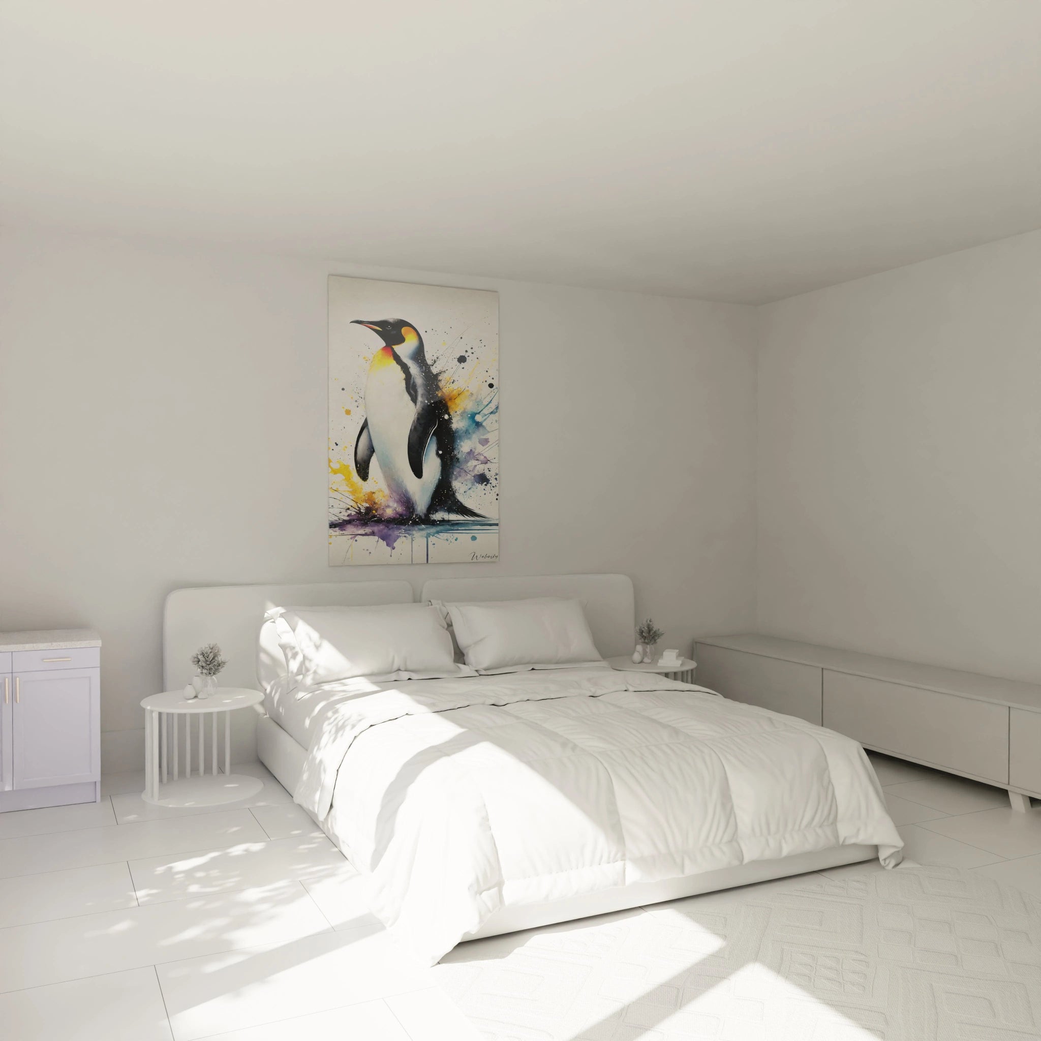 tableau manchot accroche au dessus du lit, il evoque l'energie des paysages glacés et l'equilibre entre serenite et puissance. Les couleurs vives illuminent la chambre avec chaleur et noblesse.