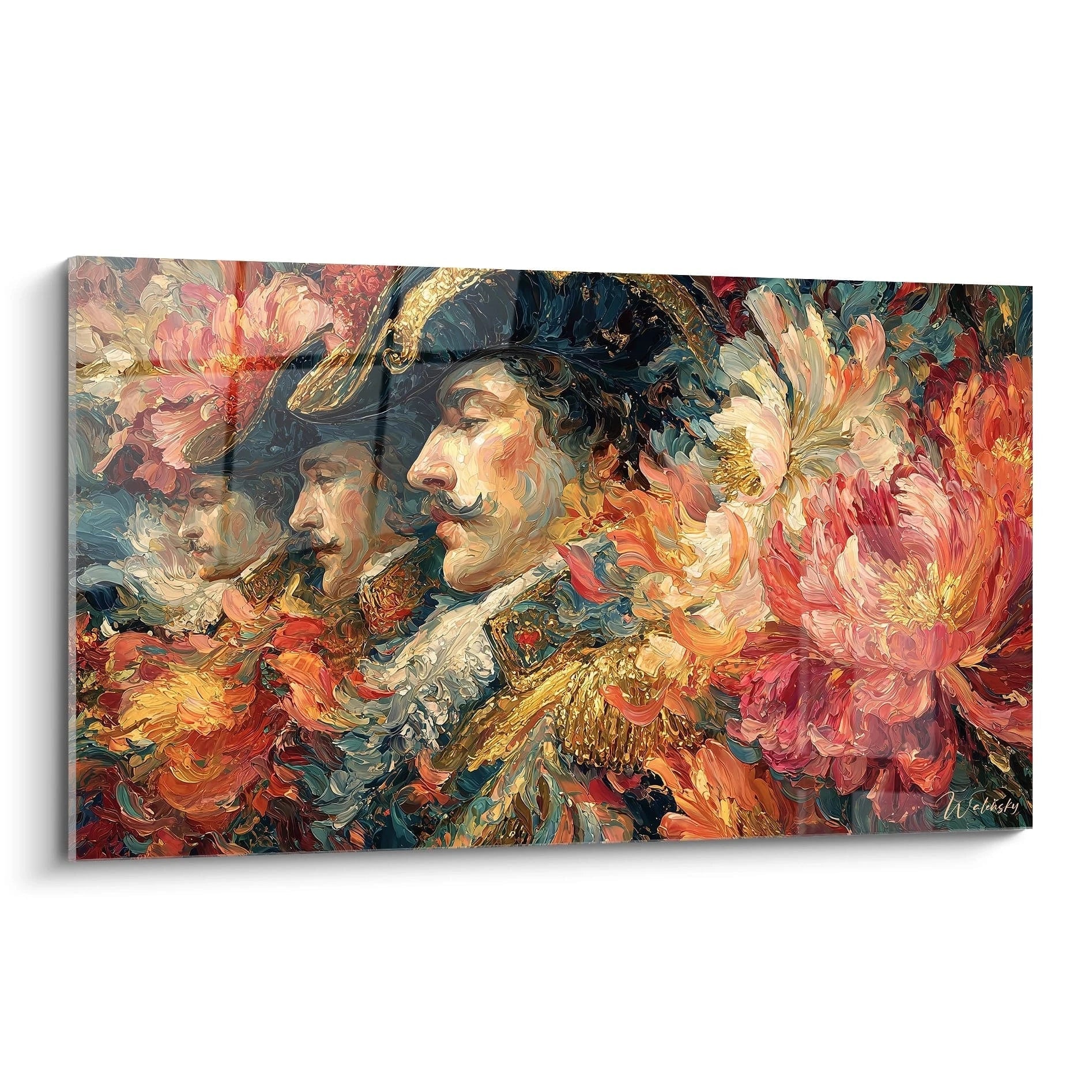 Walensky tableau baroque haut de gamme mural représentant officier à moustache en uniforme baroque entouré de fleurs colorées