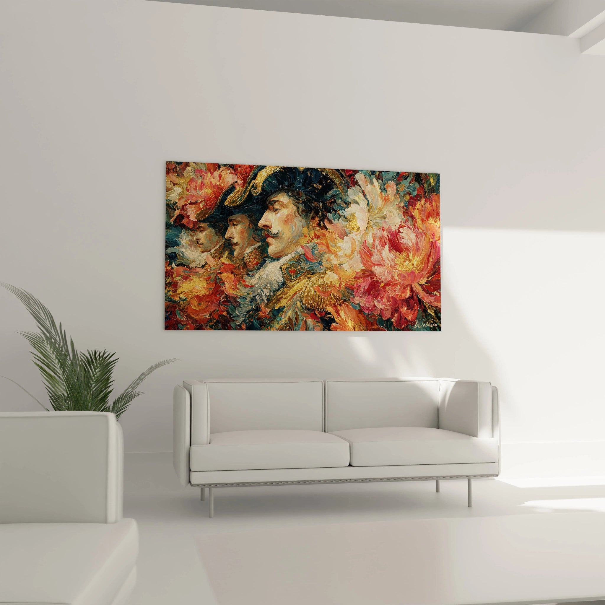 Tableau baroque haut de gamme Walensky accroche mural avec portrait baroque colore et motifs floraux dans salon moderne