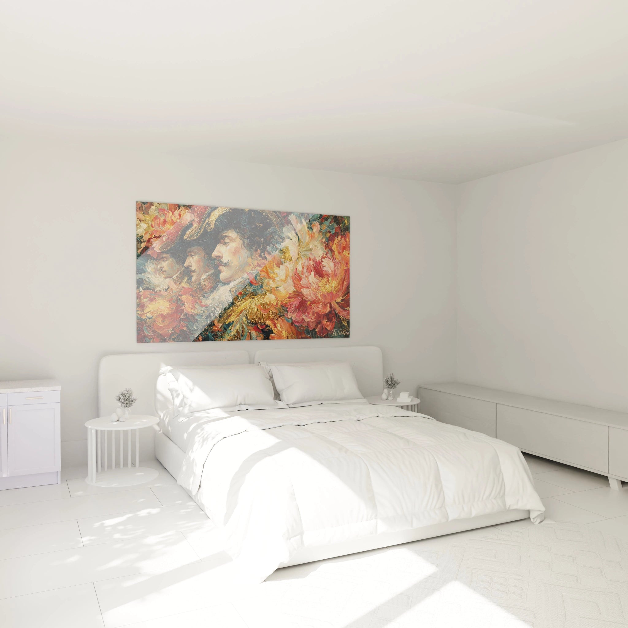 tableau baroque haut de gamme Walensky fixe au dessus d un lit blanc dans une chambre lumineuse minimaliste