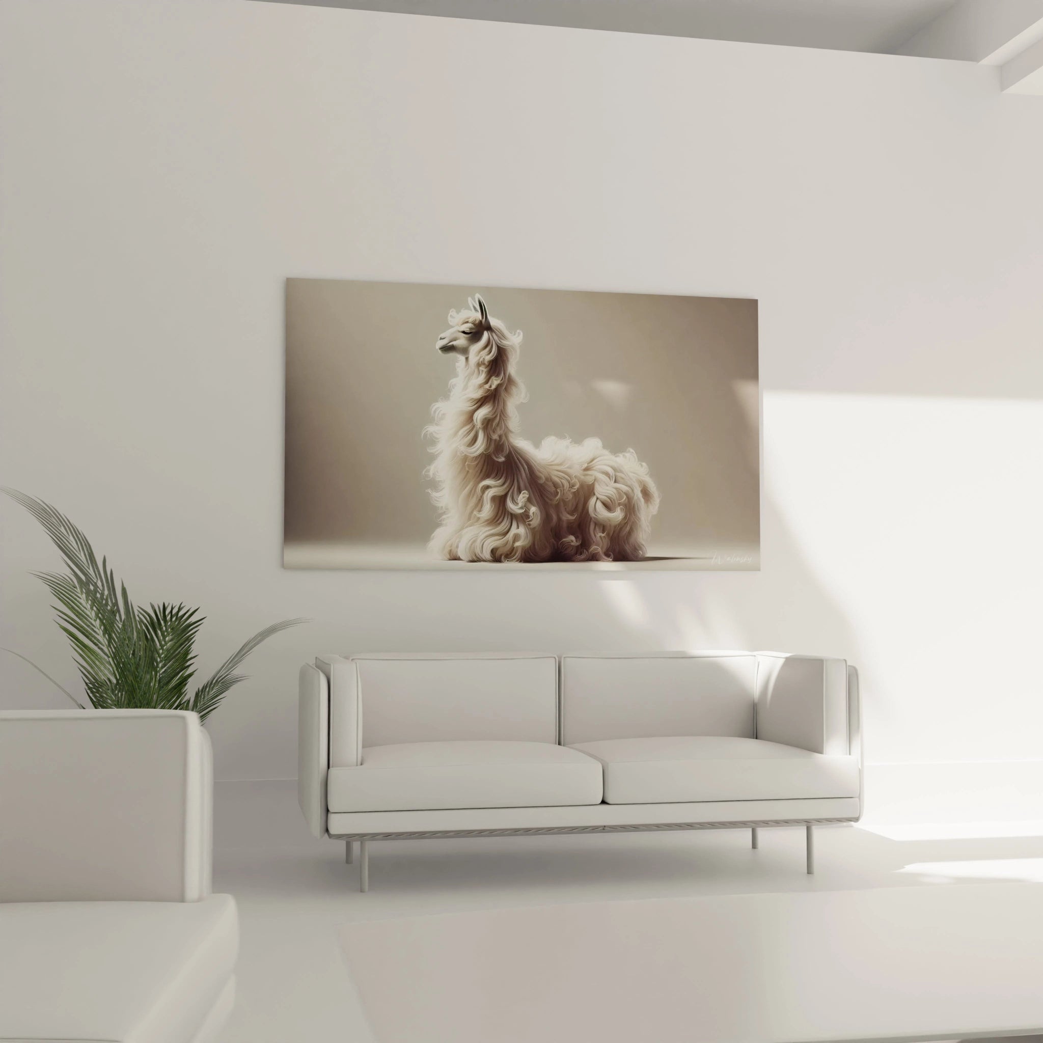 Suspendu au-dessus du canapé, ce tableau lama en blanc, beige et or illumine le salon. L’atmosphere sereine et contemporaine du lama ajoute une note de calme a votre espace de vie.