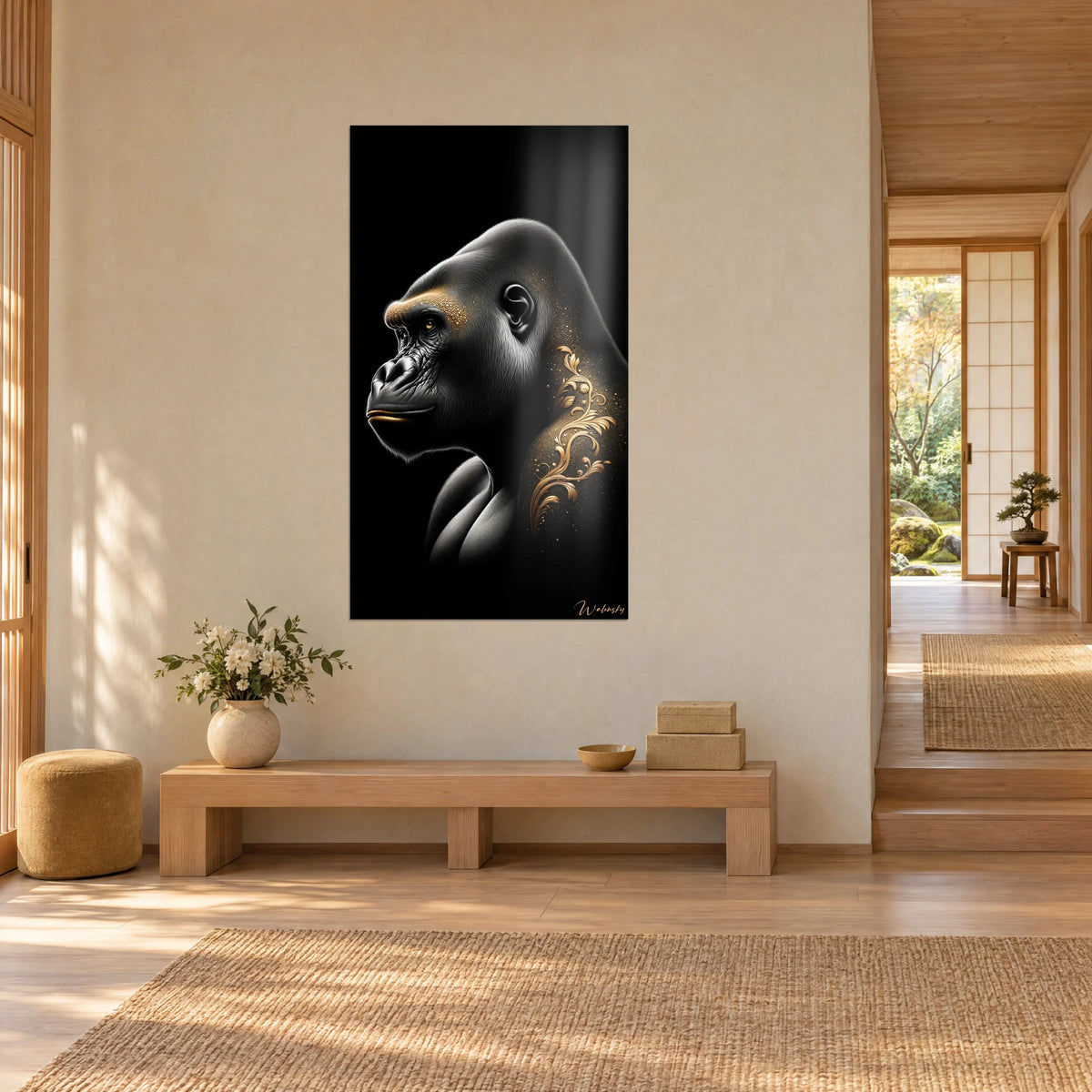 Tableau primate argenté sculpté par la lumière, volutes d'or sur l'épaule, banc de bois clair, vue de trois-quarts