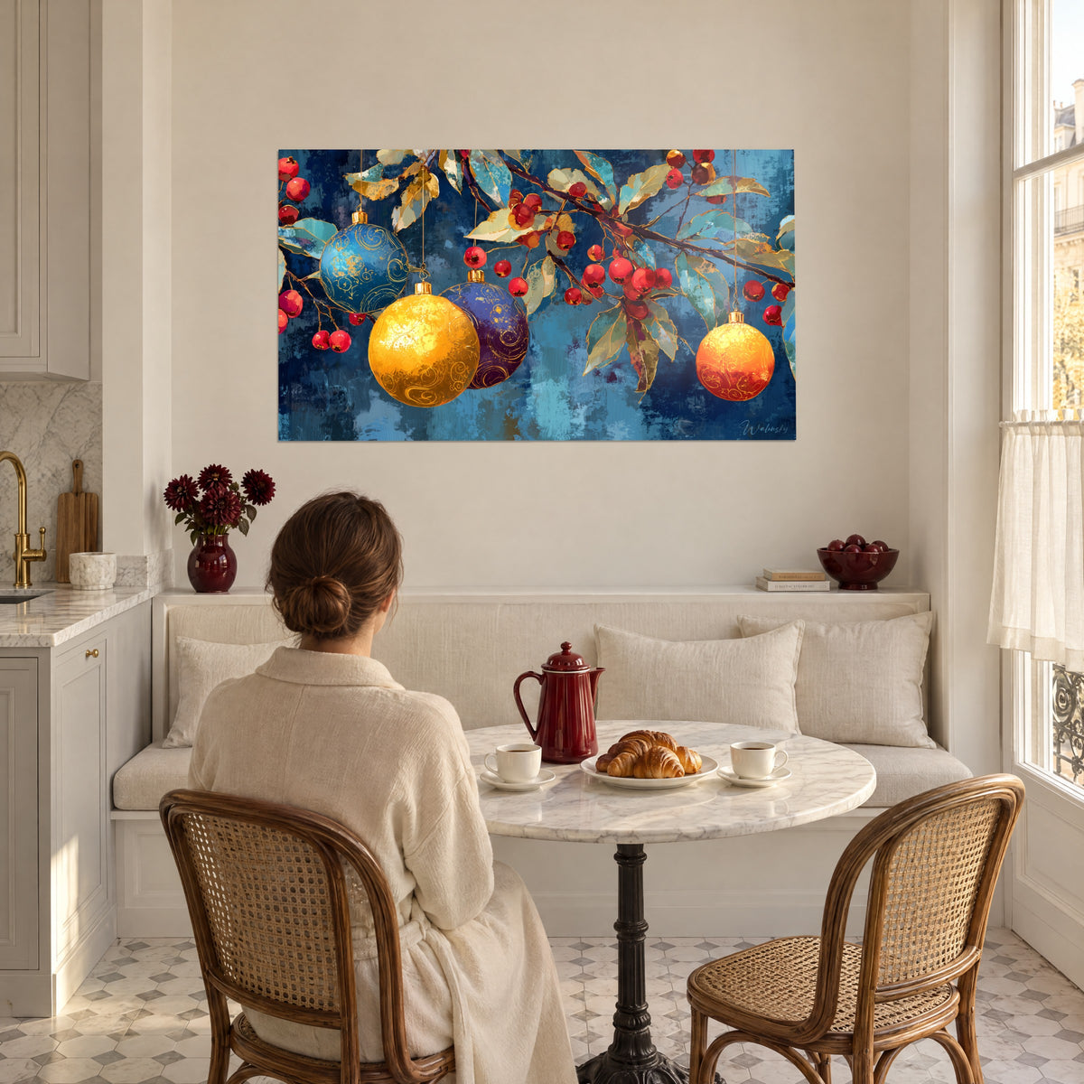 Cuadro con esferas festivas cinceladas con arabescos dorados, azul profundo y rojo vivo, frente a una mujer sentada a la mesa del desayuno