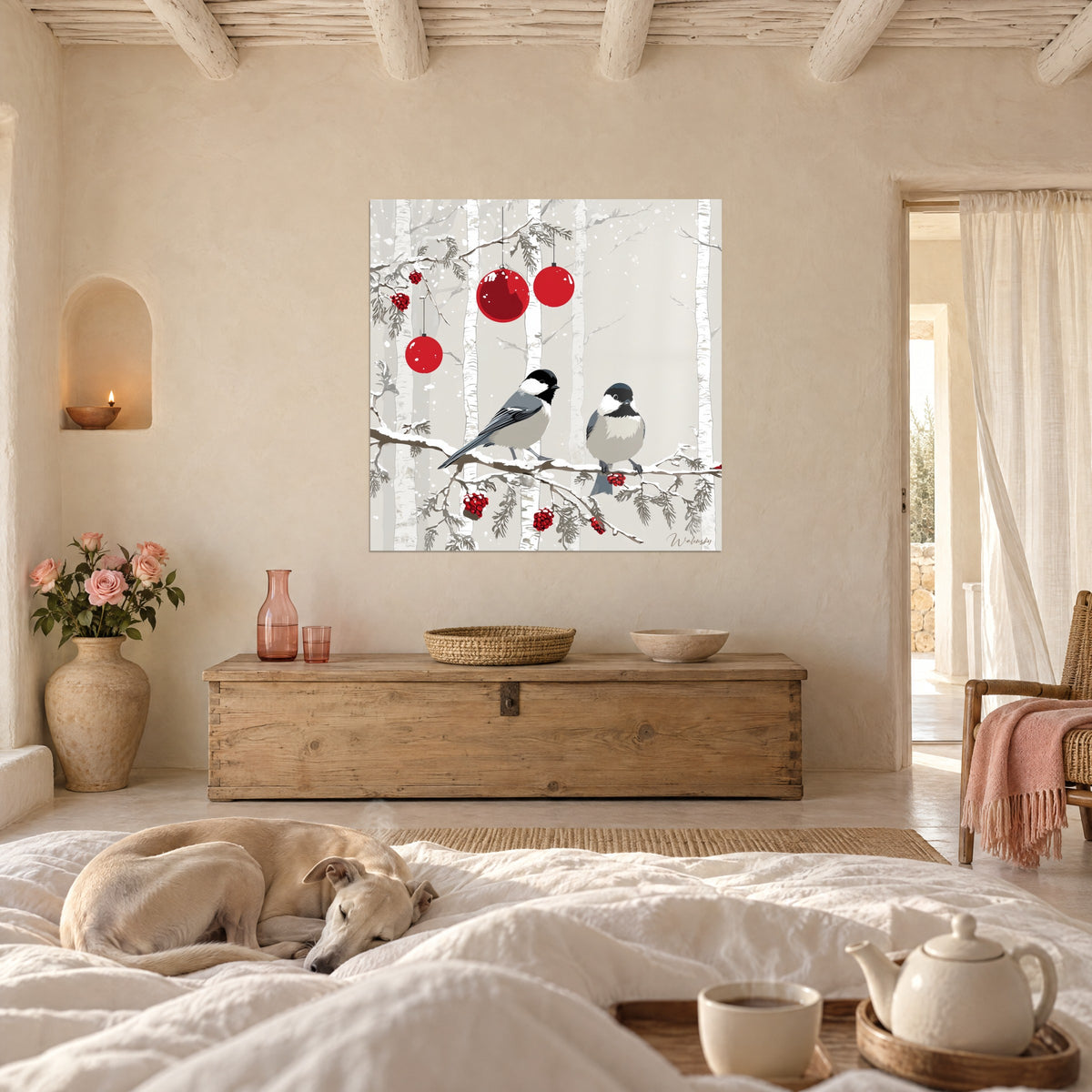 Gemälde kleine graue und weiße Vögel unter roten Ornamenten, verschneite Birken, schlafender Windhund, über einem Bett in einem hellen Schlafzimmer