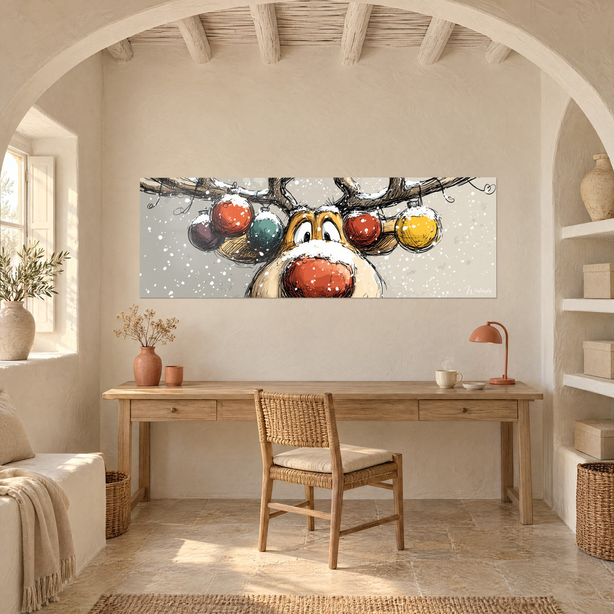 Quadro renna disegnata a tratto nero, palline rosso mattone, turchese e senape sulle corna, appeso in uno studio in legno chiaro