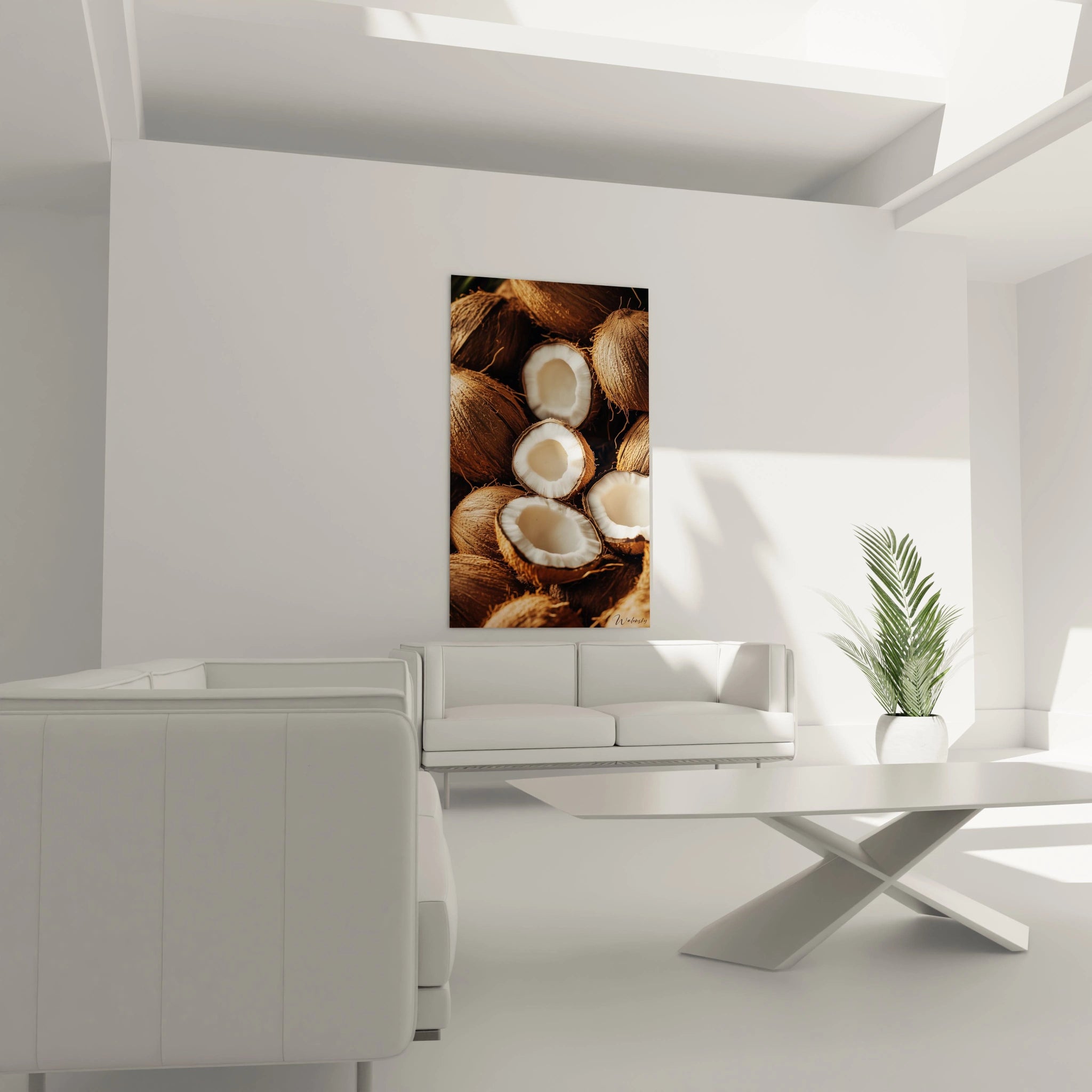 Un tableau noix de coco mettant en scÚne plusieurs noix empilées, certaines fendues, avec des couleurs dominantes marron et blanc, et une attention particuliÚre aux reliefs naturels et aux jeux de lumiÚre.