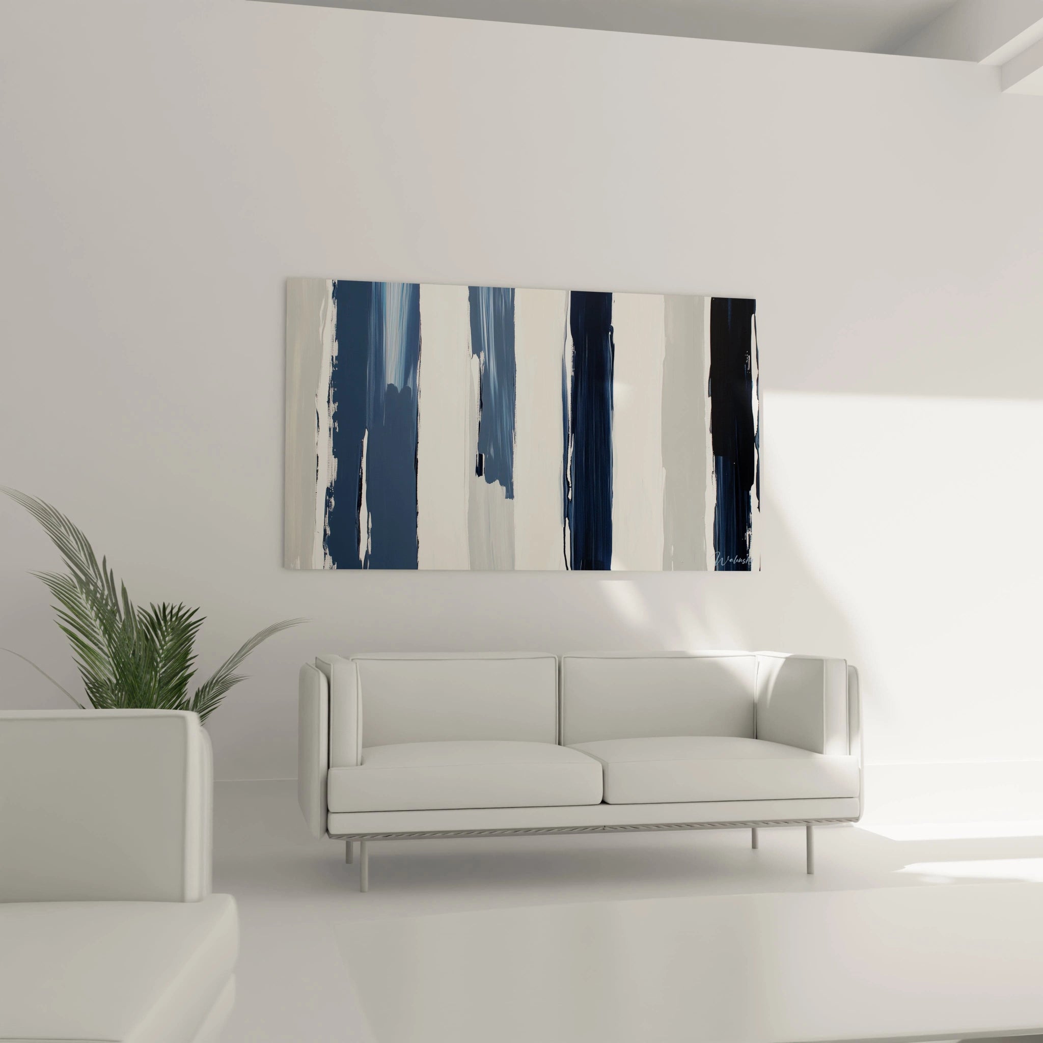 Tableau abstrait de musique par Walensky avec des bandes bleues et blanches sur fond neutre