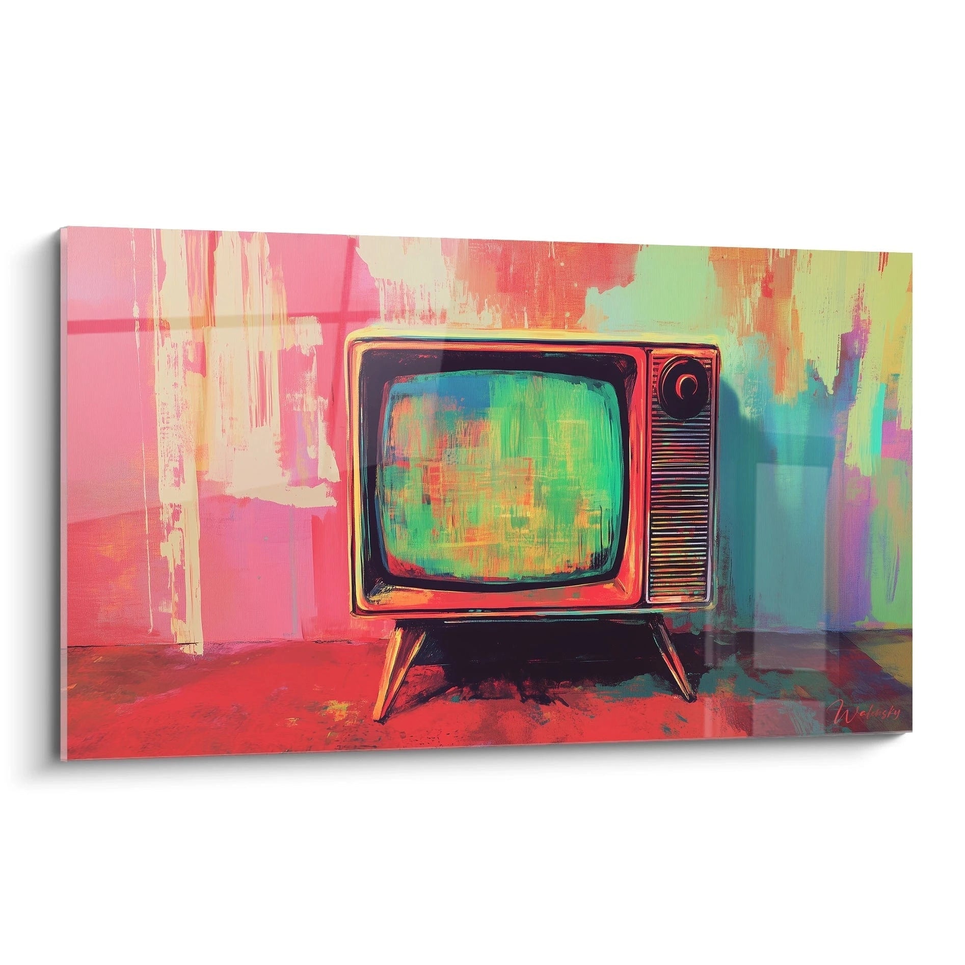 Tableau téléviseur vintage représentant un poste TV rouge à pieds noirs sur fond rose-orangé texturé. L'écran affiche des nuances vert-turquoise. Effets de coulures et coups de pinceau expressifs créent une esthétique street art vibrante avec des textures variées.