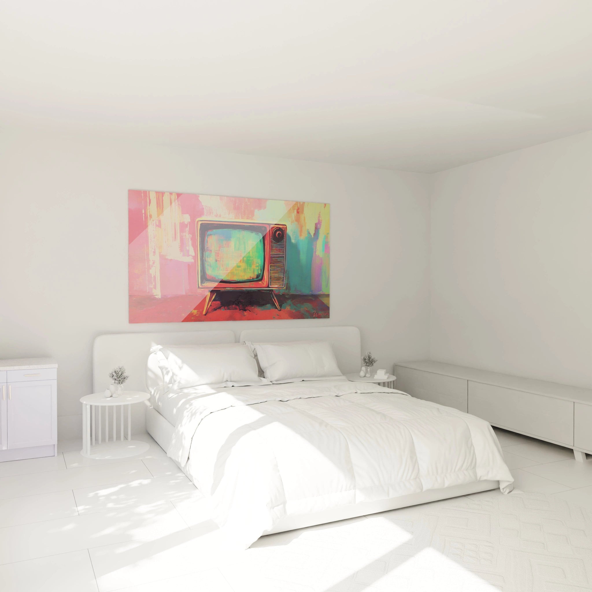Tableau rétro-futuriste d'un téléviseur analogique rouge vif avec écran vert émeraude. Composition centrale sur fond rose avec textures dégradées. Détails précis du boîtier et pieds en bois foncé. Technique mixte alliant aplats colorés et effets de peinture dynamiques.