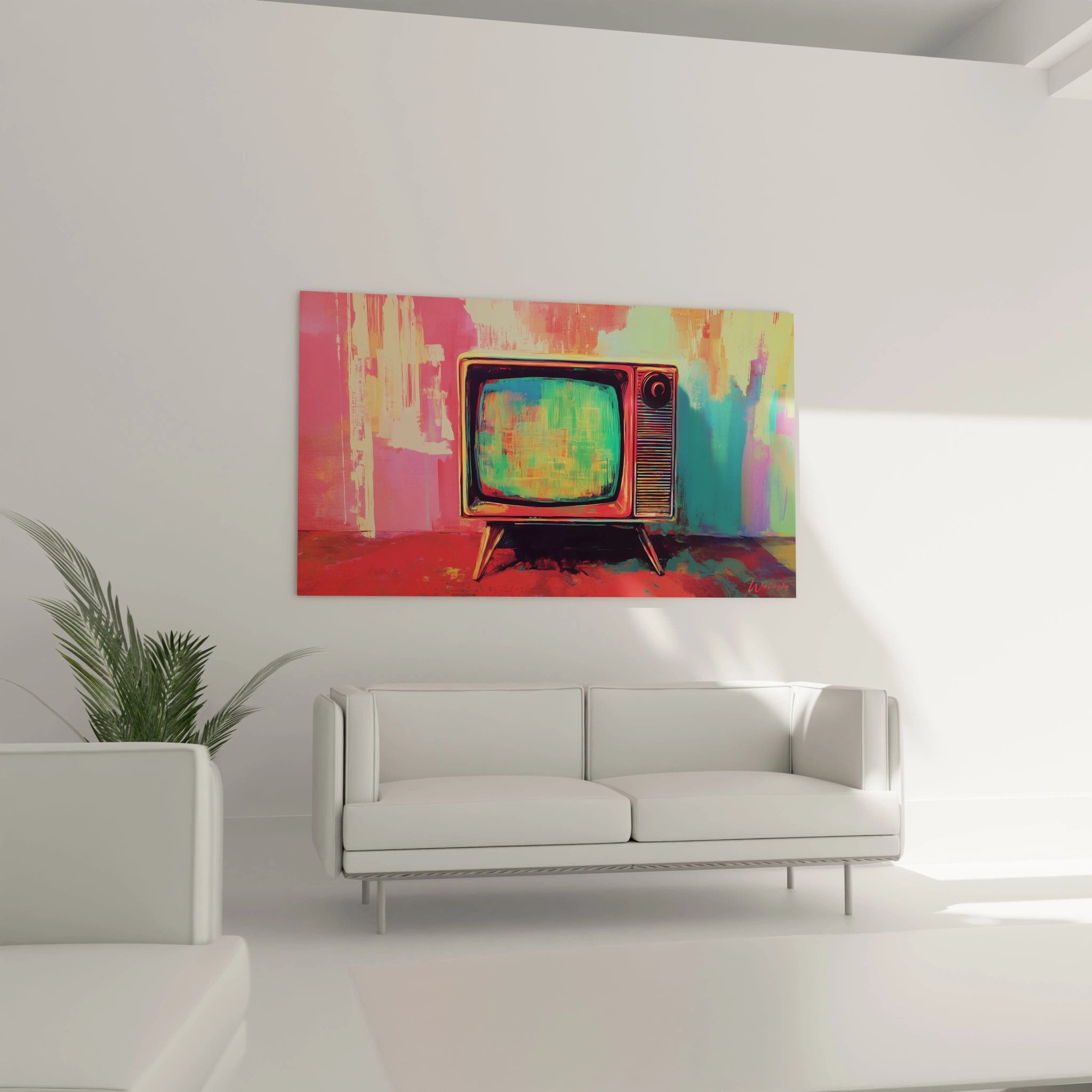 Tableau pop art d'un téléviseur cathodique des années 60-70 en rouge éclatant avec écran aux teintes turquoise et vertes. Fond abstrait rose-beige texturé par coulures et éclaboussures. Contrastes marqués et finitions variées entre surfaces brillantes et mates.