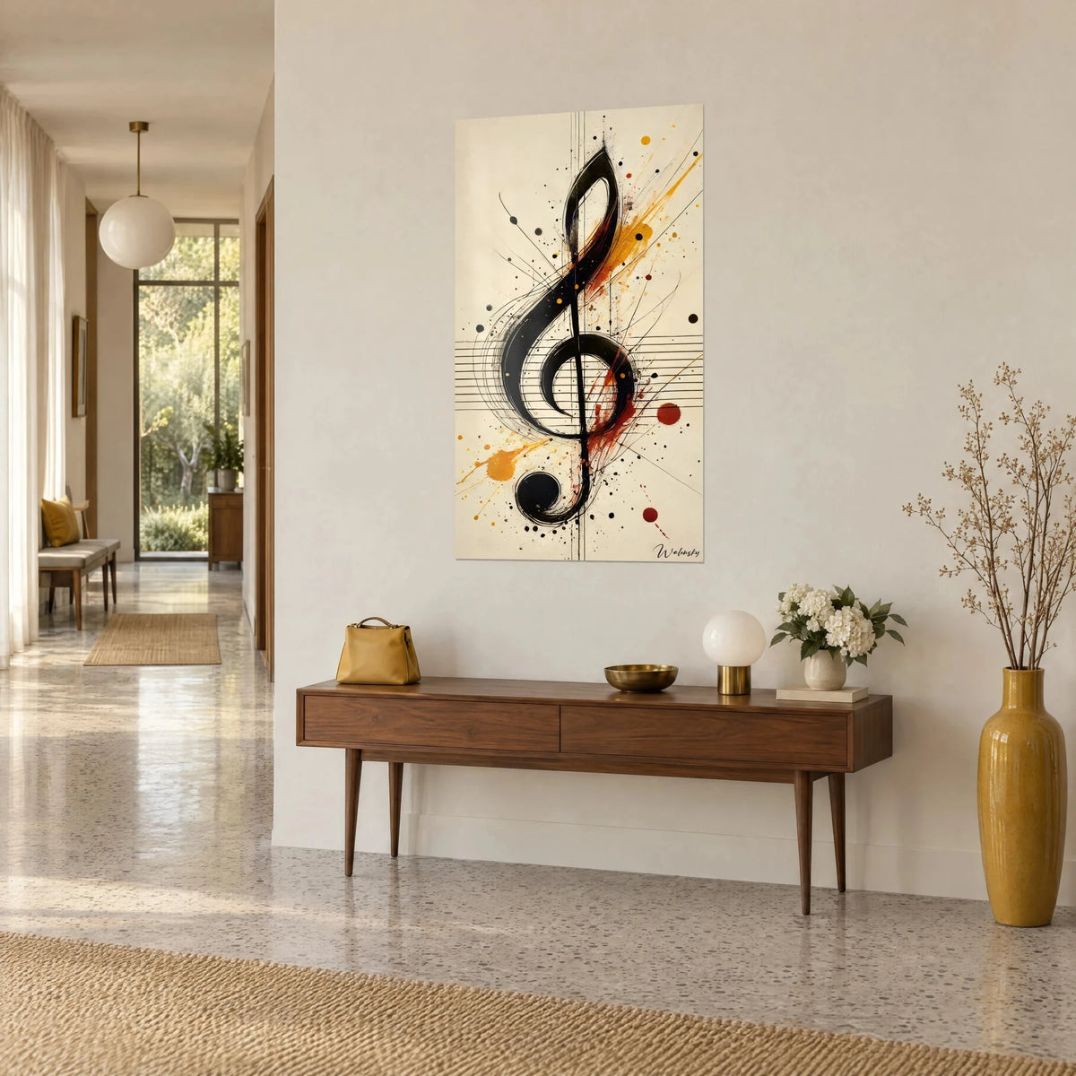 Wall art with a musical staff and a large black ink treble clef, saffron yellow and brick red splashes, wooden console in a hallway