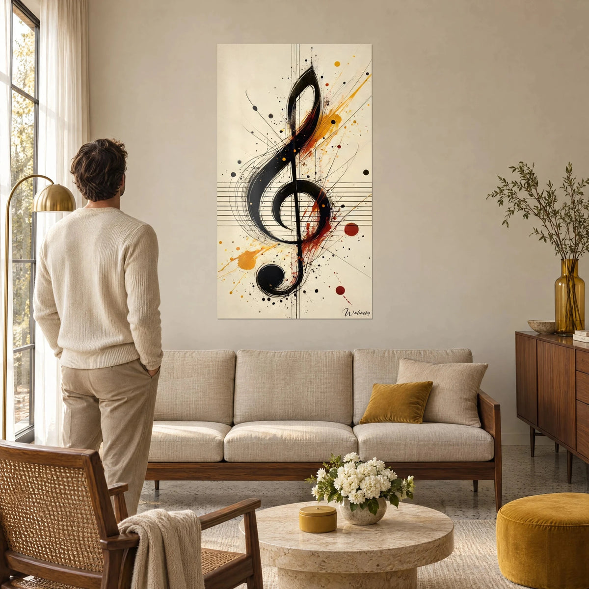 Wall art with a black treble clef splashed with ochre and red on a cream background, man seen from behind above a sofa in a bright living room