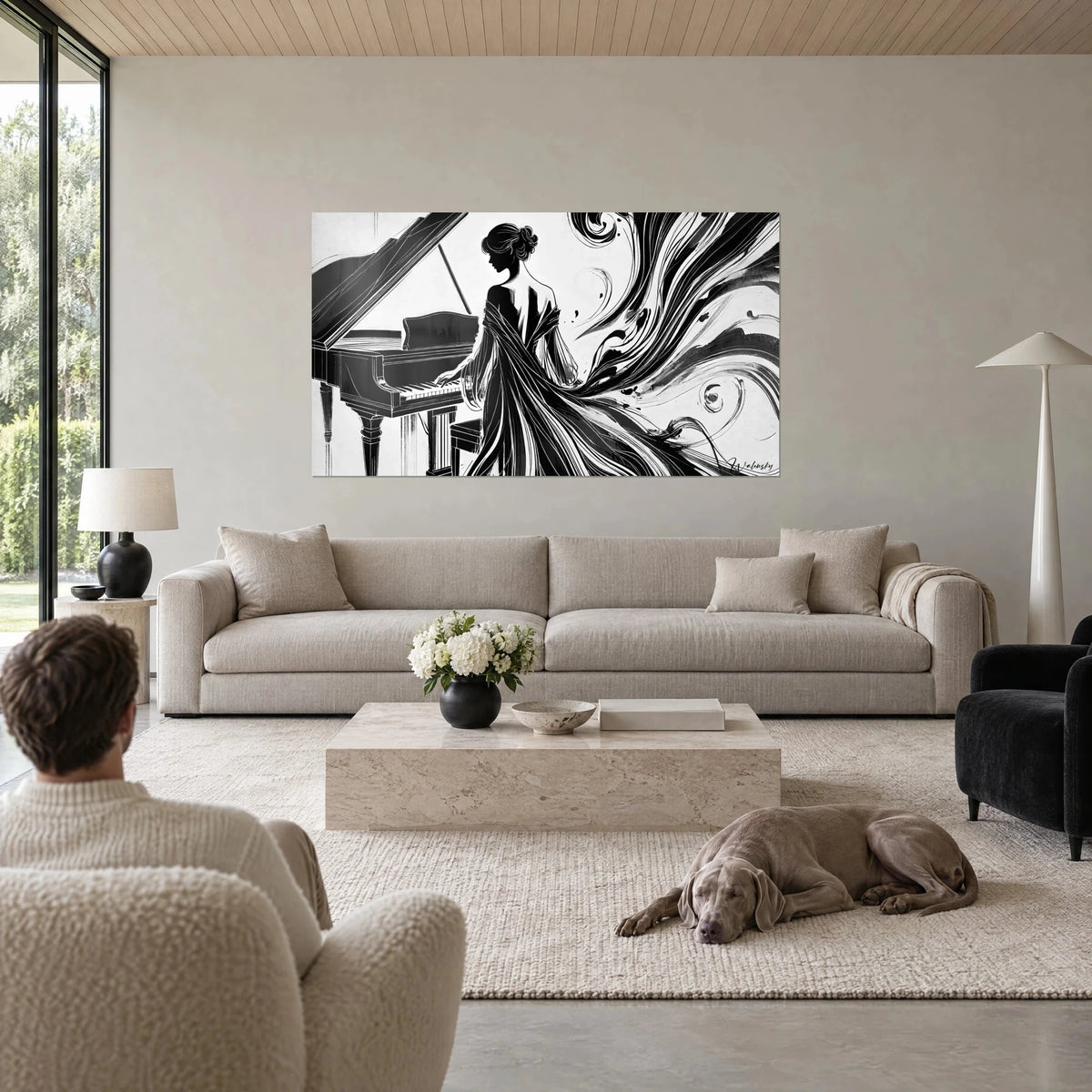 Wall art pianist in a flowing black dress on a white background, bun and grand piano, above a sofa in a bright living room