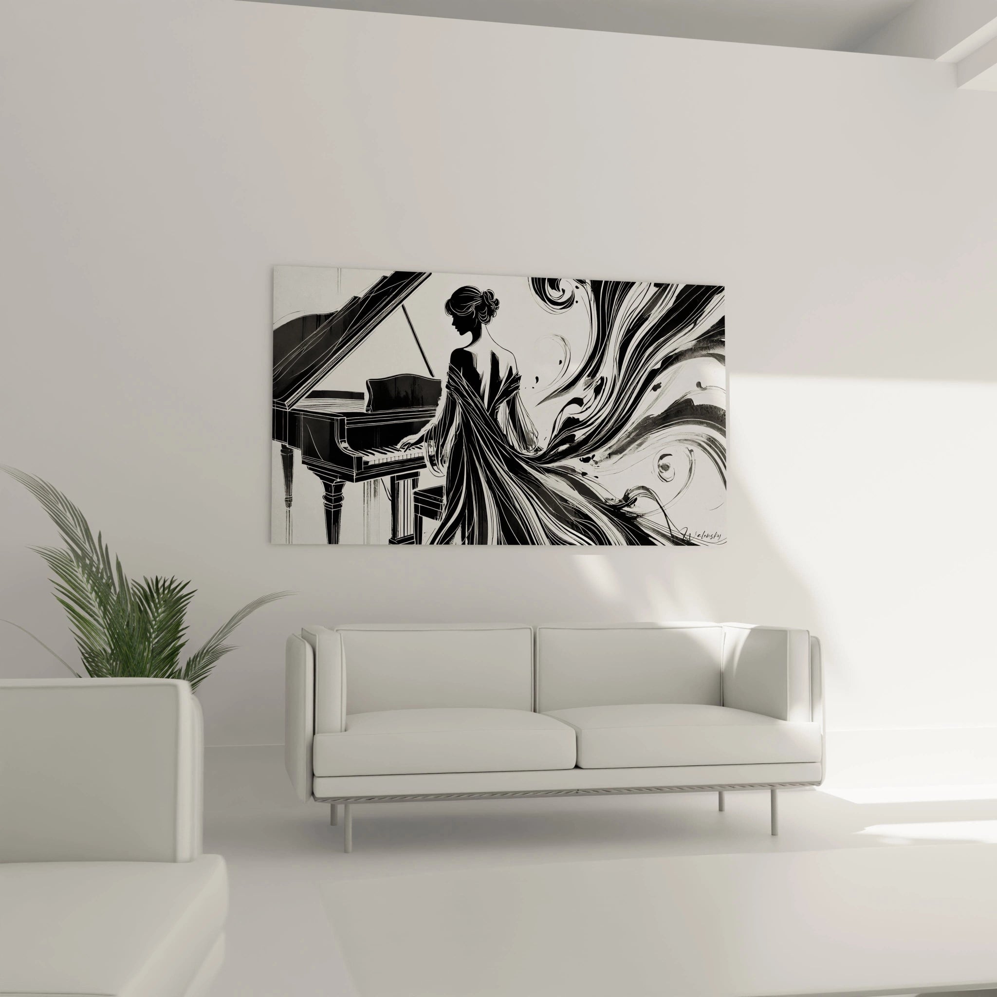 tableau noir et blanc au-dessus d'un canapé dans un salon contemporain silhouette féminine jouant du piano mouvement fluide et contrastes en nuances noires grises atmosphère artistique et sophistiquée