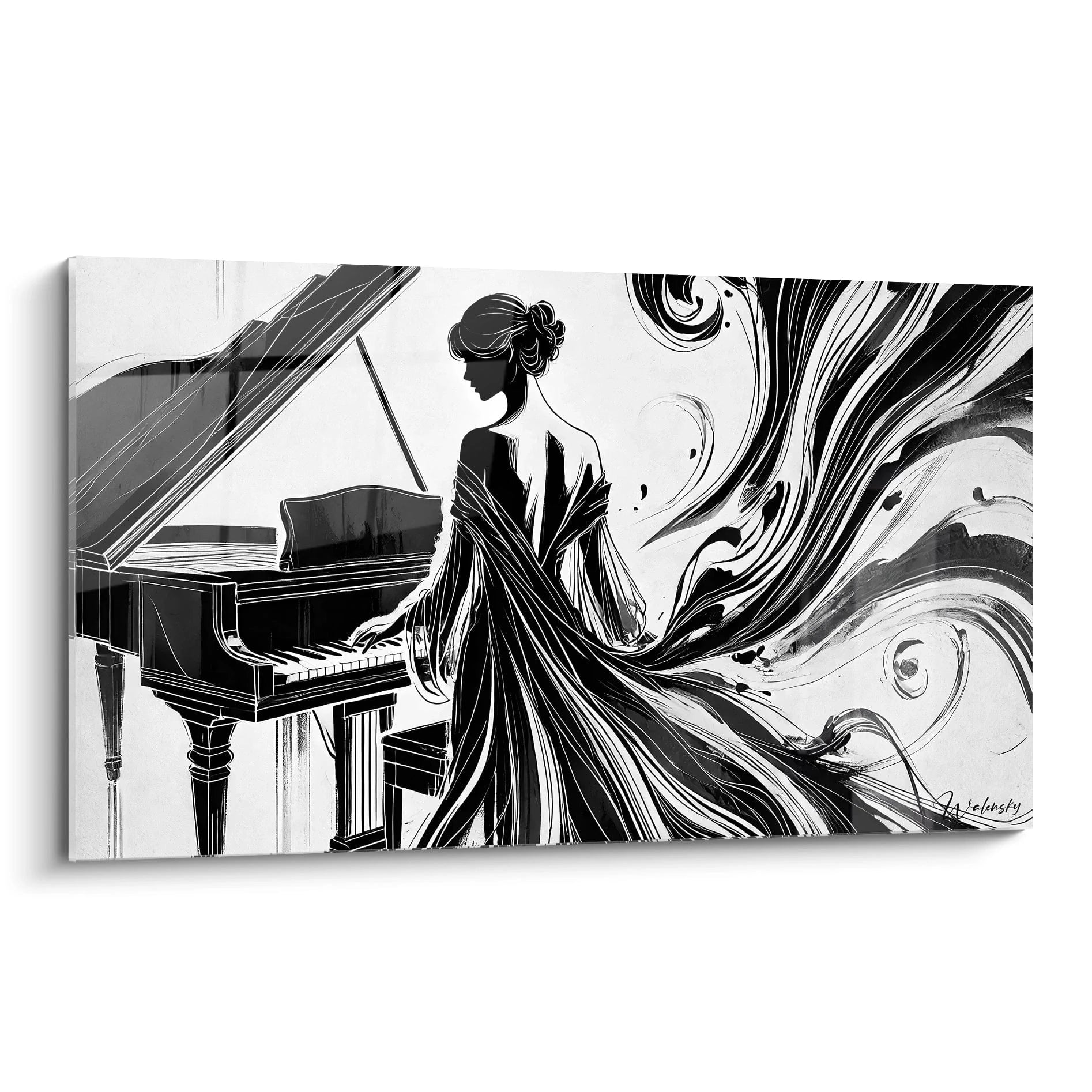 tableau noir et blanc vu de biais dans un style surréaliste aux contrastes marqués silhouette d'une pianiste jouant sur fond fluide noir et gris créant une harmonie visuelle élégante