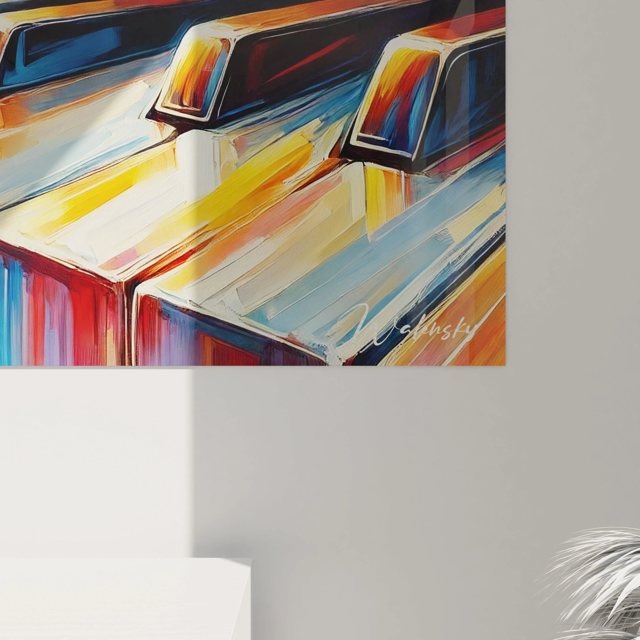 Vue rapprochée du tableau "Notes en Fusion". Les coups de pinceau larges et expressifs, associés aux teintes chaudes et contrastées, donnent vie au piano, évoquant un flux musical intense et vibrant.