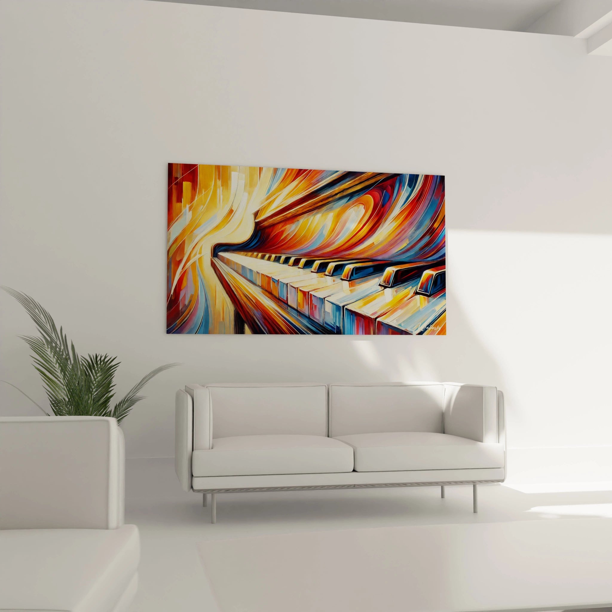 "Notes en Fusion" au-dessus d'un canapé dans un salon moderne. Les teintes vives et les lignes fluides de ce piano abstrait ajoutent une touche artistique, capturant l'énergie et le mouvement de la musique.
