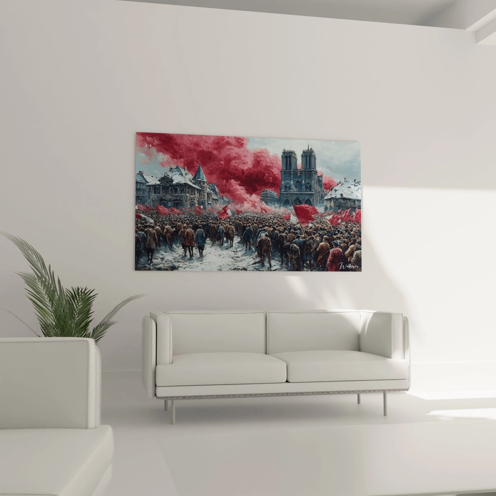 tableau Notre-Dame révolution française Walensky peinture murale scène de foule et drapeaux rouges pour décoration salon